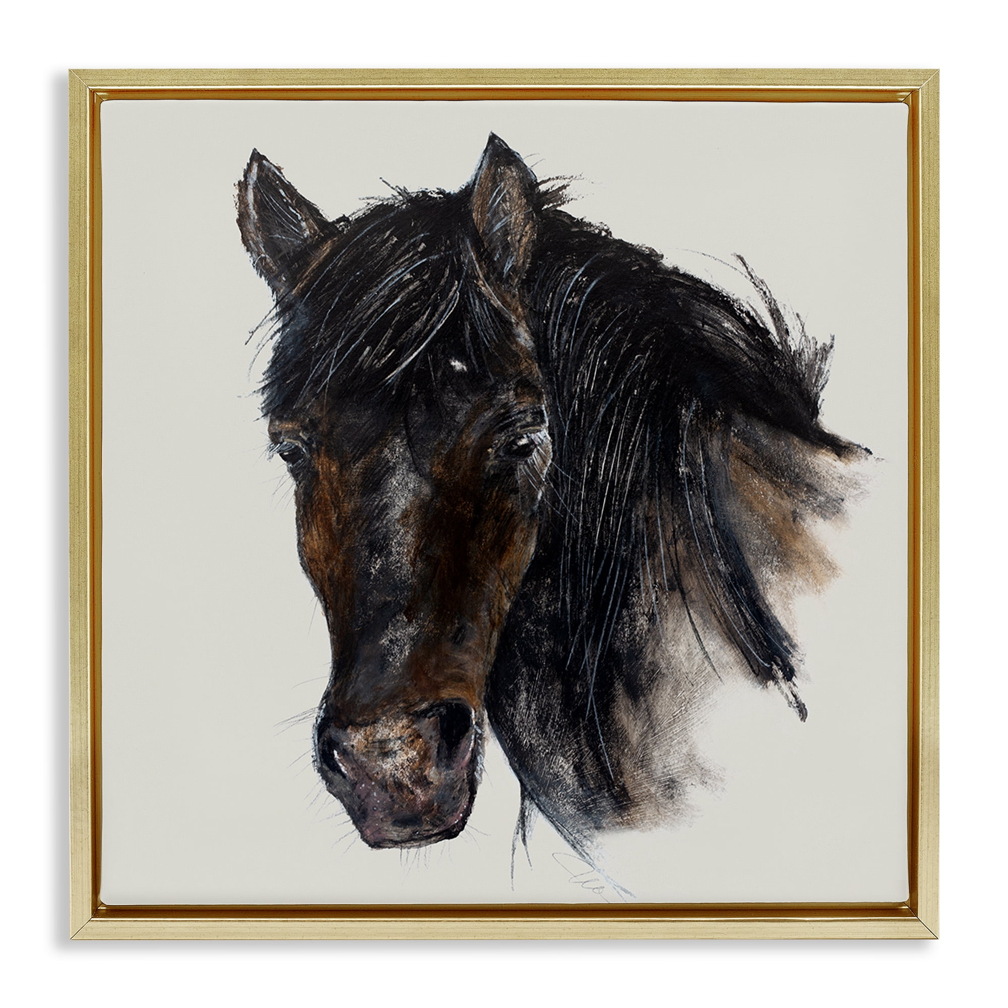 Stupell Industries Paint Stroke Black Horse Animals Painting Gold Floater Framed Canvas Art Print Wall Art, 25 x 25