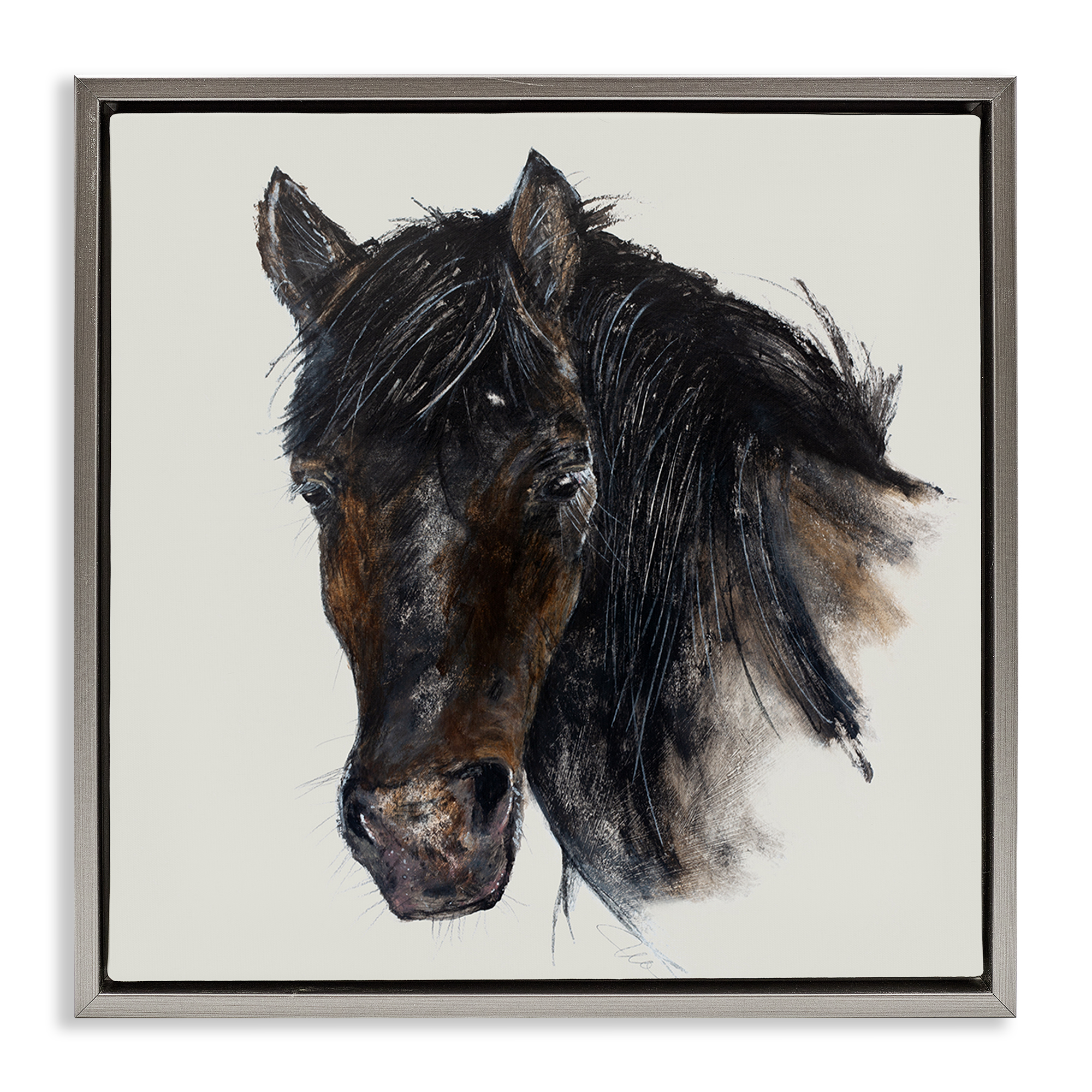 Stupell Industries Paint Stroke Black Horse Animals Painting Gray Floater Framed Canvas Art Print Wall Art, 18 x 18