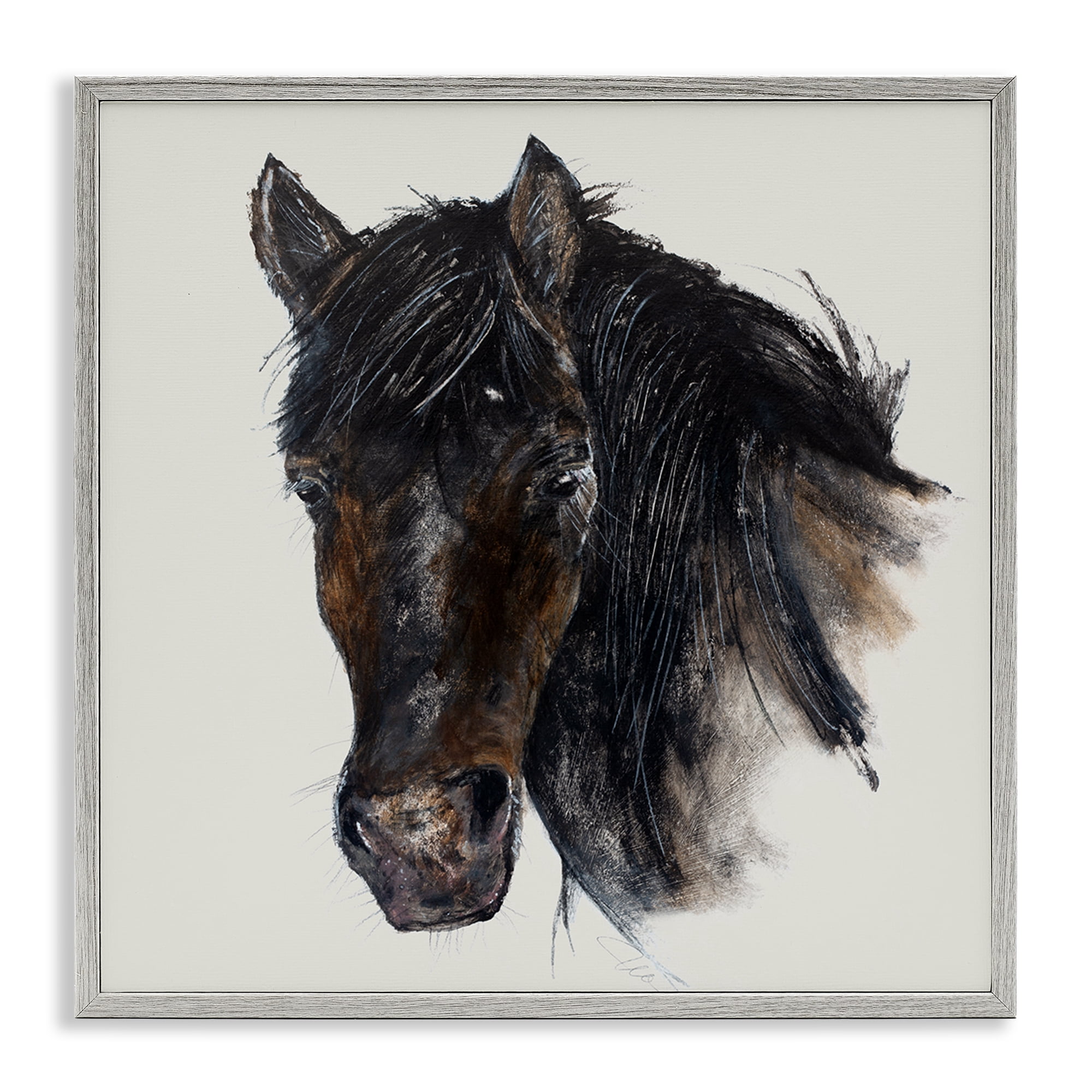 Stupell Industries Paint Stroke Black Horse Animals Painting Gray Framed Art Print Wall Art, 12 x 12