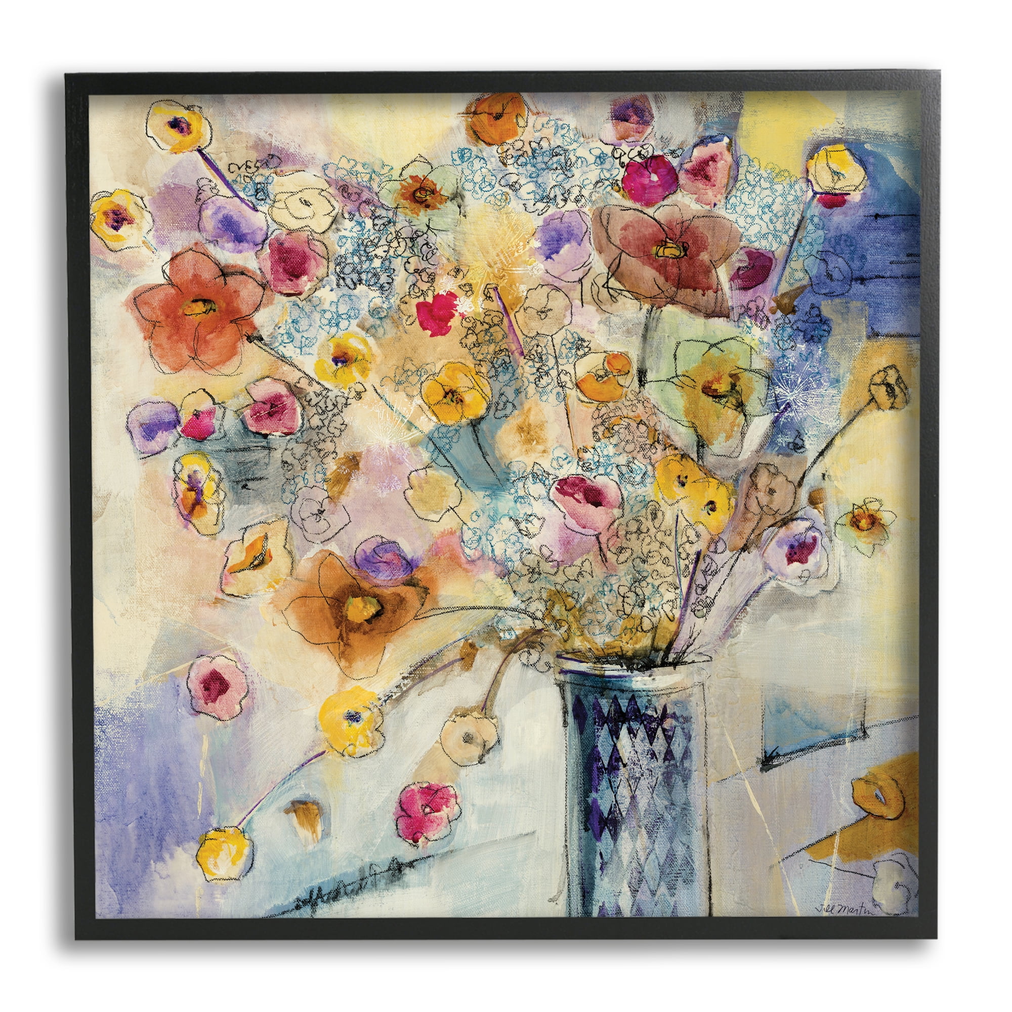 Stupell Industries Painted Flowers Line Drawing Botanical & Floral Painting Black Framed Art Print Wall Art, 12 x 12