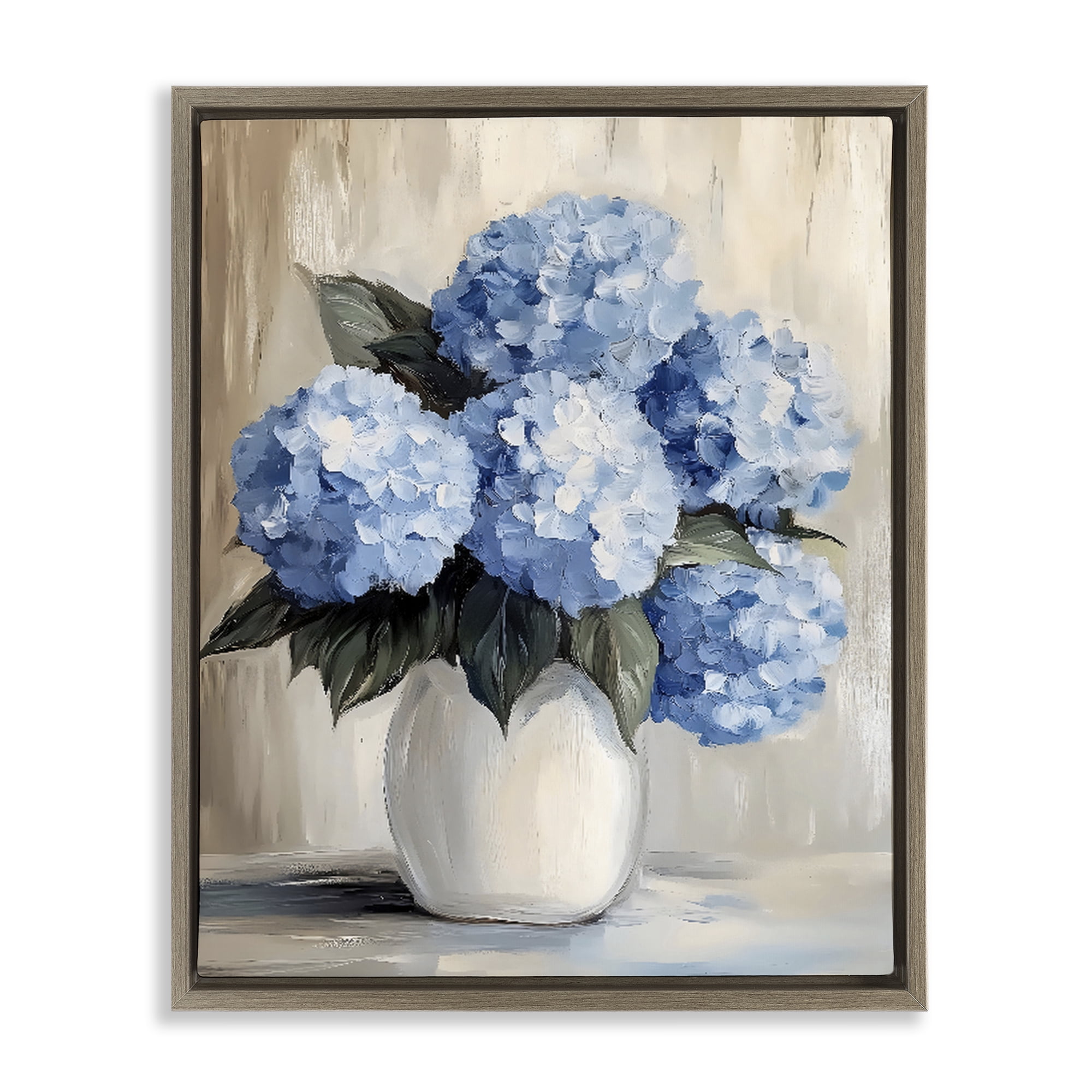 Stupell Industries Painted Hydrangeas in White Vase Brown Framed Floater Canvas Wall Art, design by Creative Studio