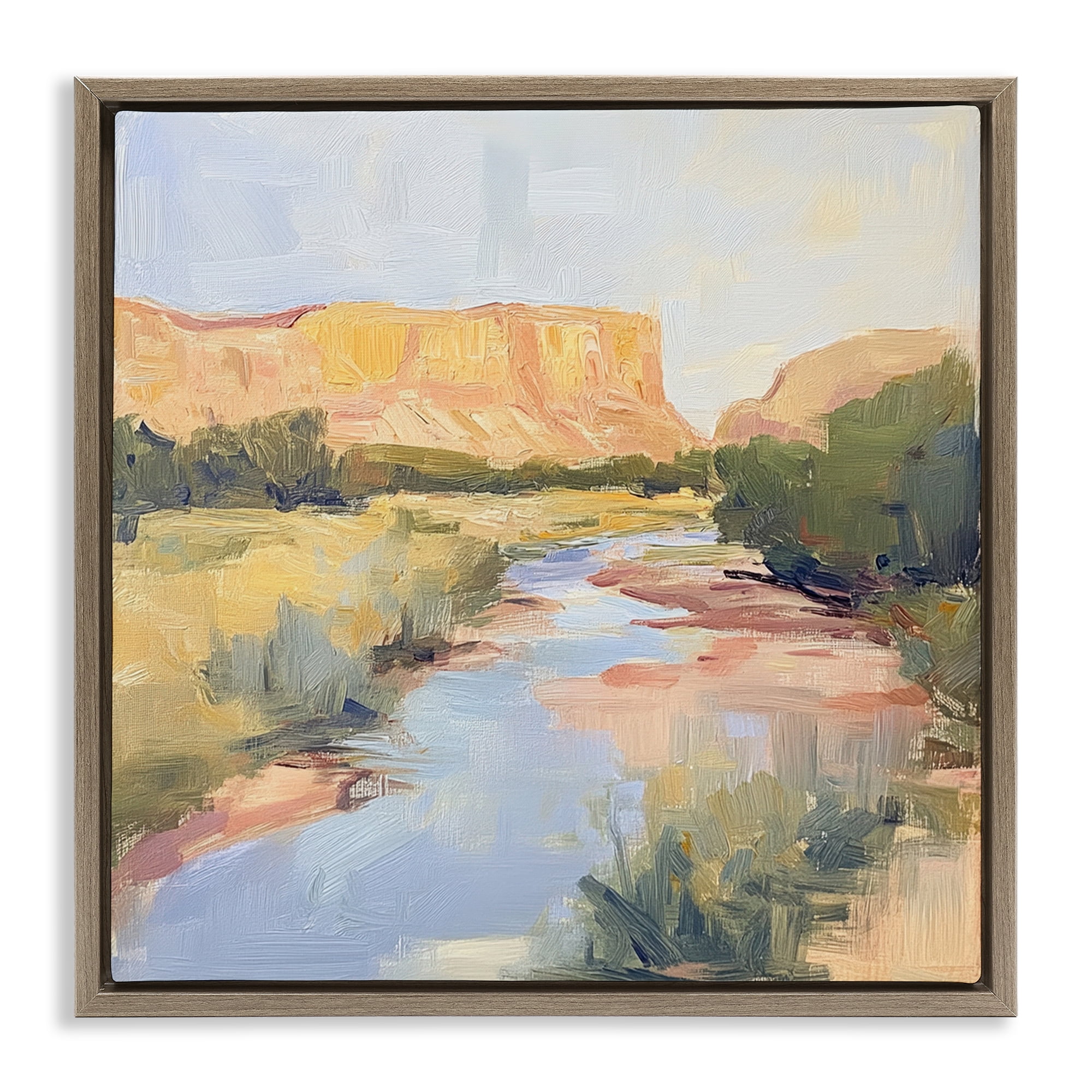 Stupell Industries Painted Plateau River Reflection Brown Framed Floater Canvas Wall Art, design by Petal Prints Design