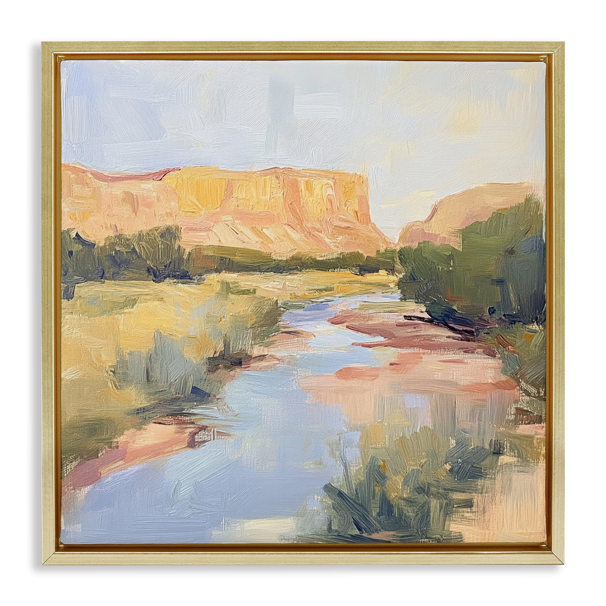 Stupell Industries Painted Plateau River Reflection Gold Framed Floater Canvas Wall Art, design by Petal Prints Design