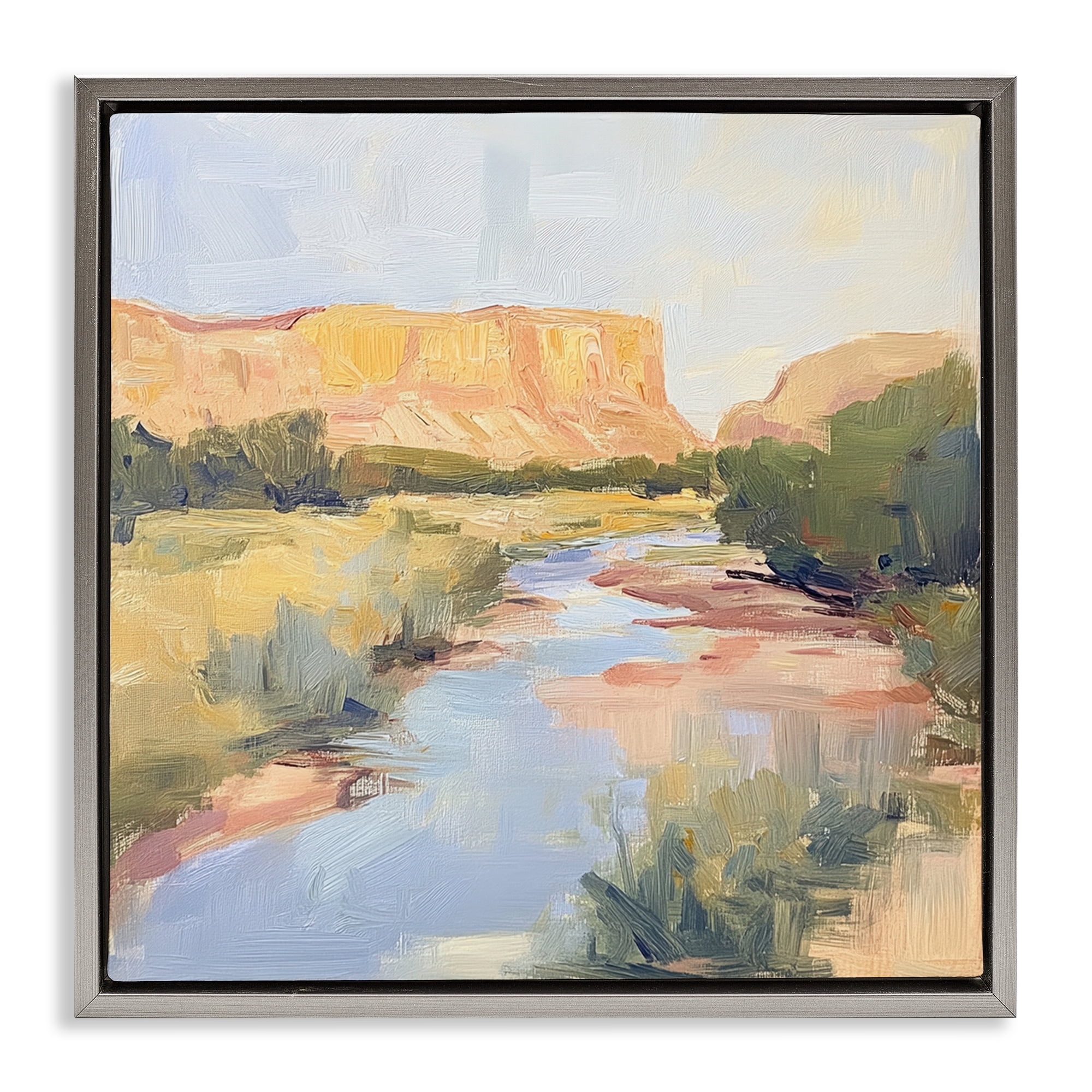 Stupell Industries Painted Plateau River Reflection Gray Framed Floater Canvas Wall Art, design by Petal Prints Design