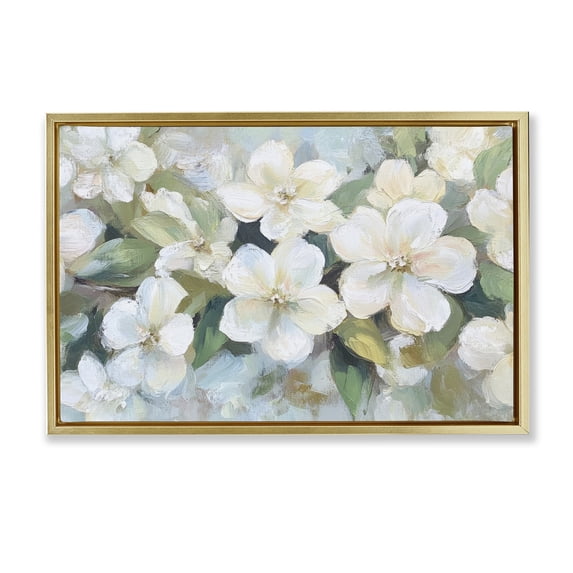 Stupell Industries Traditional Painted White Flowers in Leaves Gold Floating Frame Canvas Art, 31 x 21, by Petals Prints Design