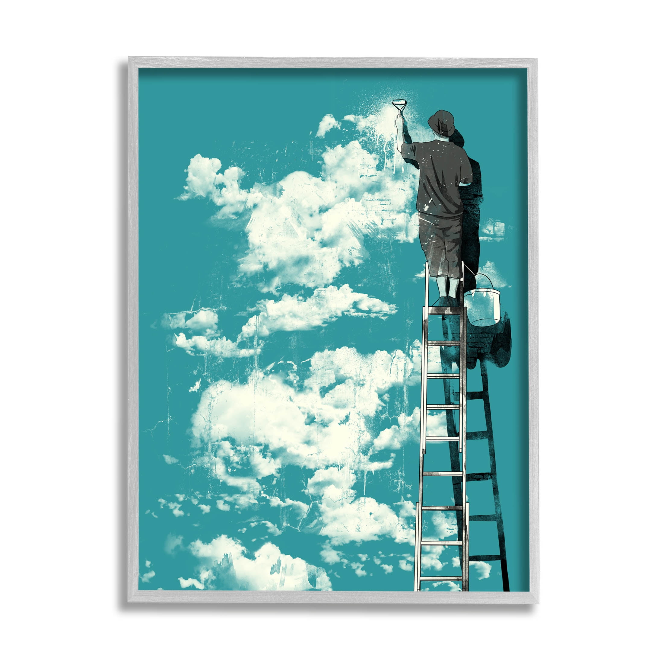 Stupell Industries Painter On Ladder Conceptual Clouds Graphic Art Gray Framed Art Print Wall Art, Design by Matheus Lopes Castro