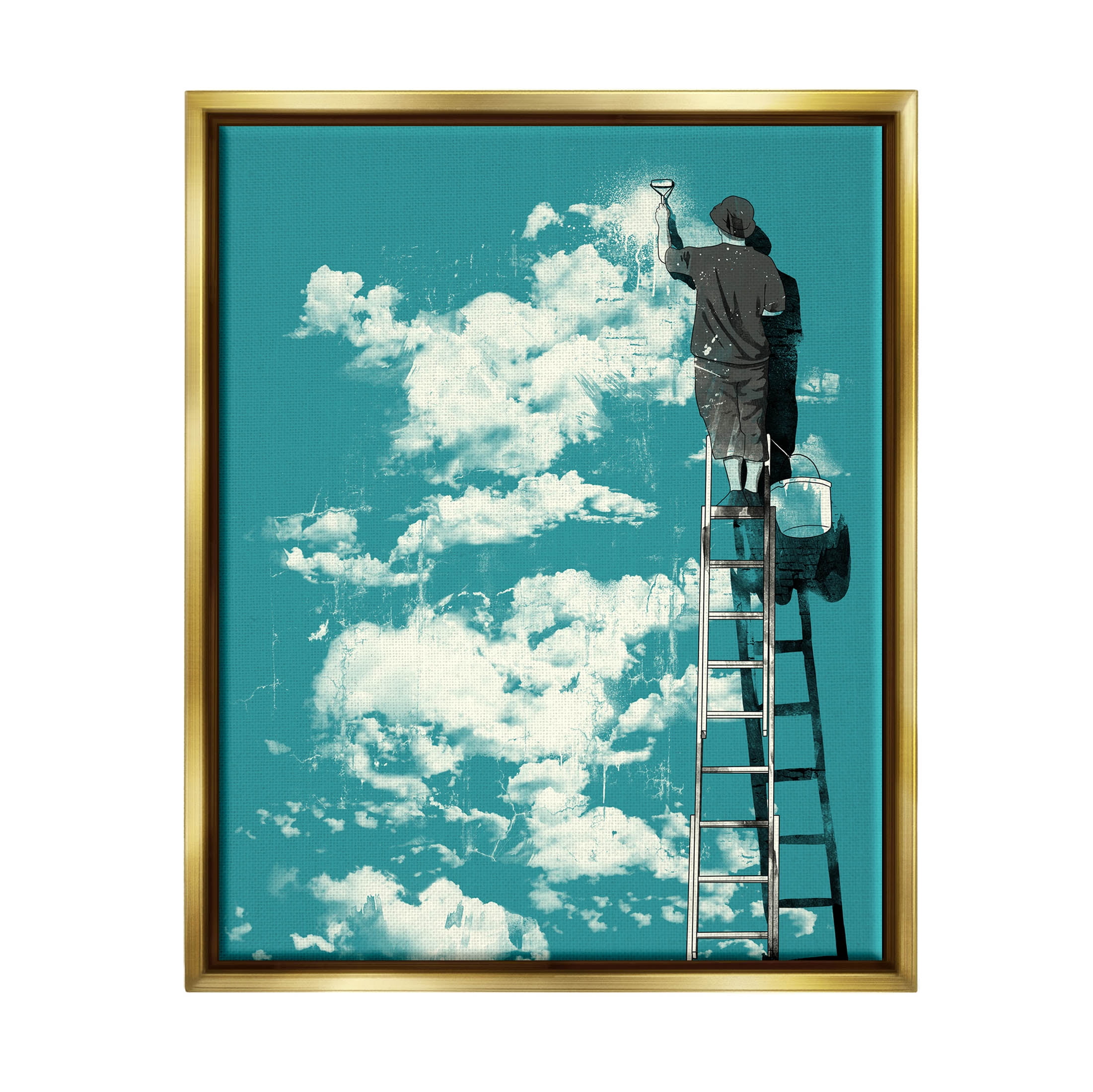 Stupell Industries Painter On Ladder Conceptual Clouds Graphic Art Metallic Gold Floating Framed Canvas Print Wall Art, Design by Matheus Lopes Castro