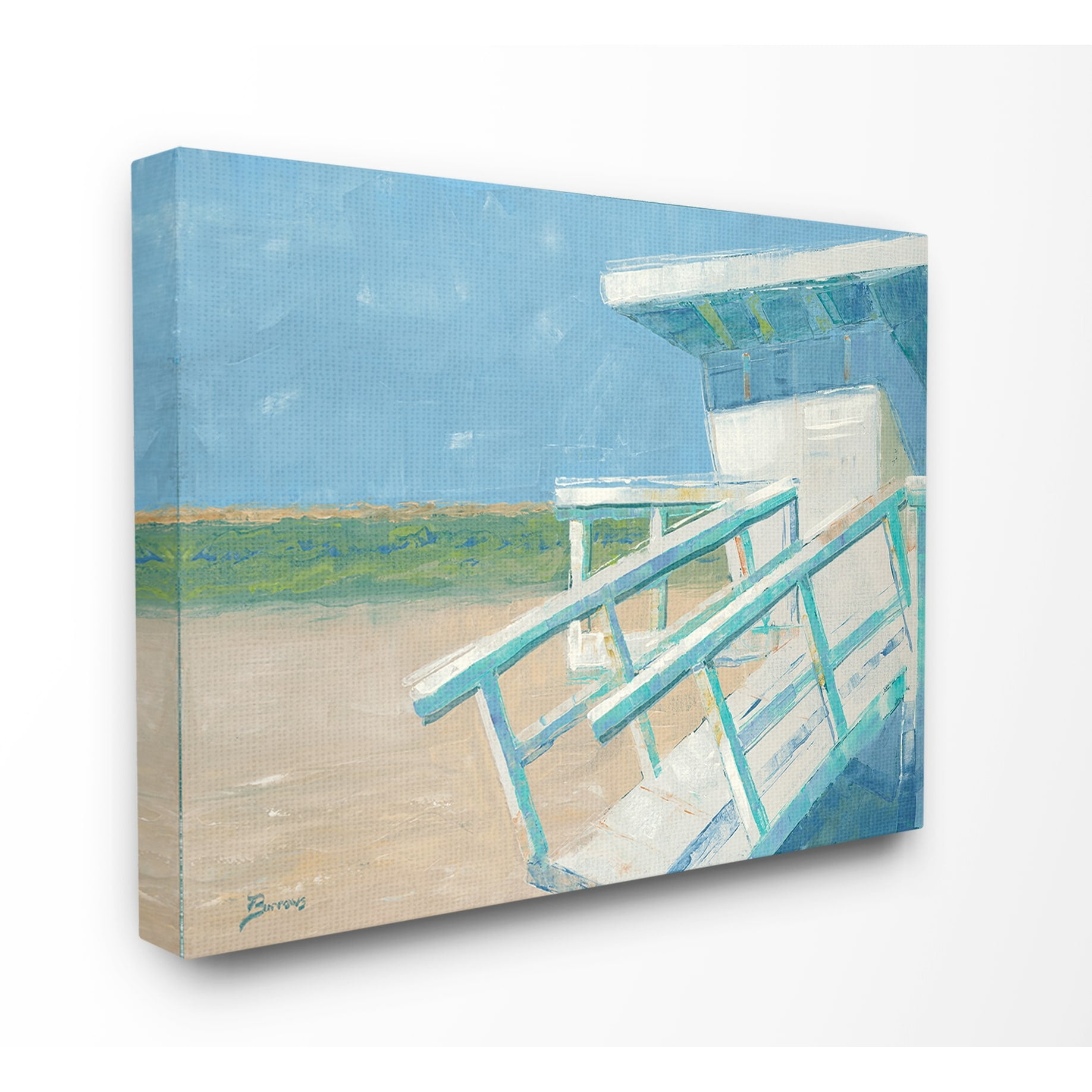 Stupell Industries Painterly Blue and Green Lifeguard House on the Beach Abstract Painting Gallery Wrapped Canvas Art Print Wall Art, 16 x 20