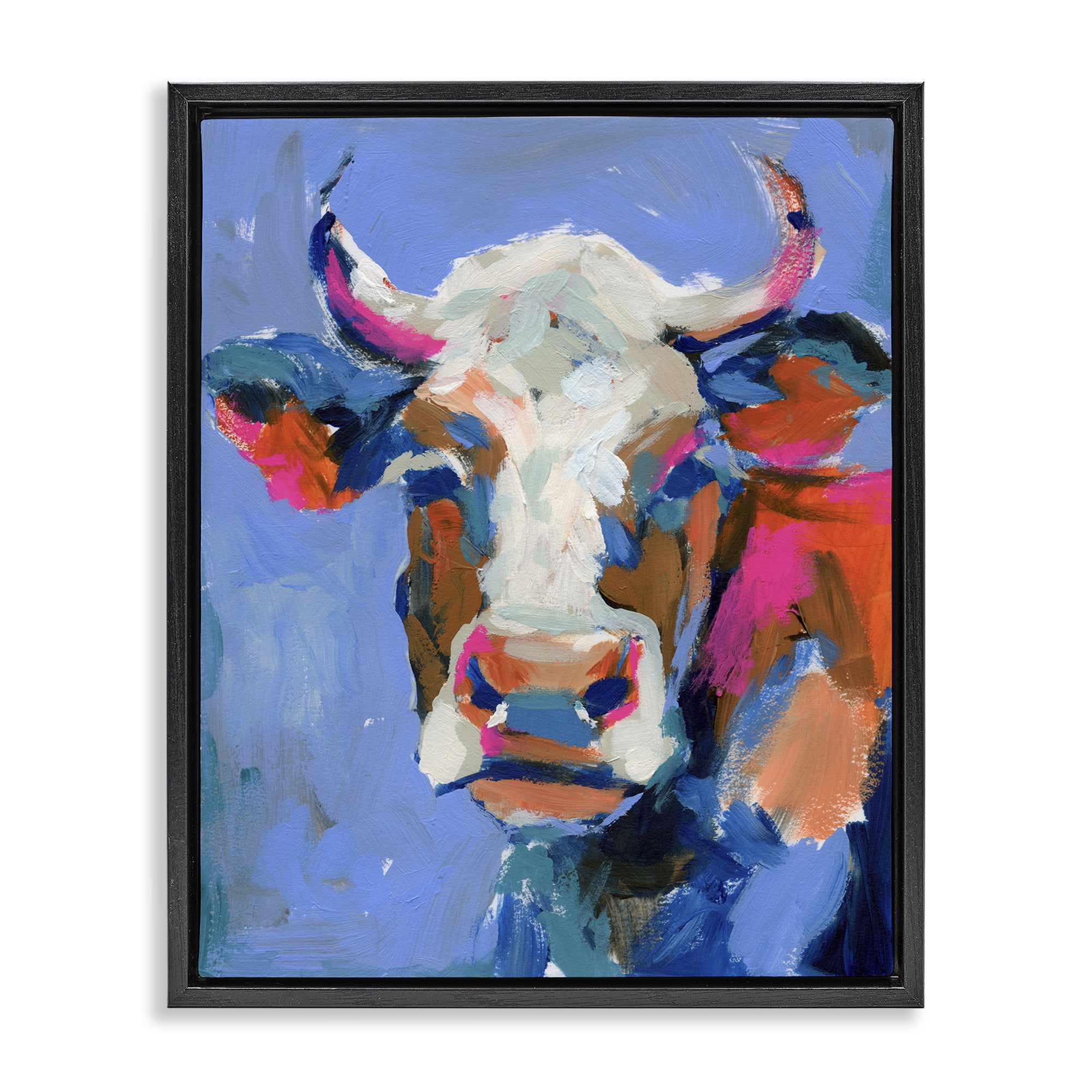 Stupell Industries Painterly Cow Portrait Animals & Insects Painting Black Floater Framed Canvas Art Print Wall Art, 17 x 21