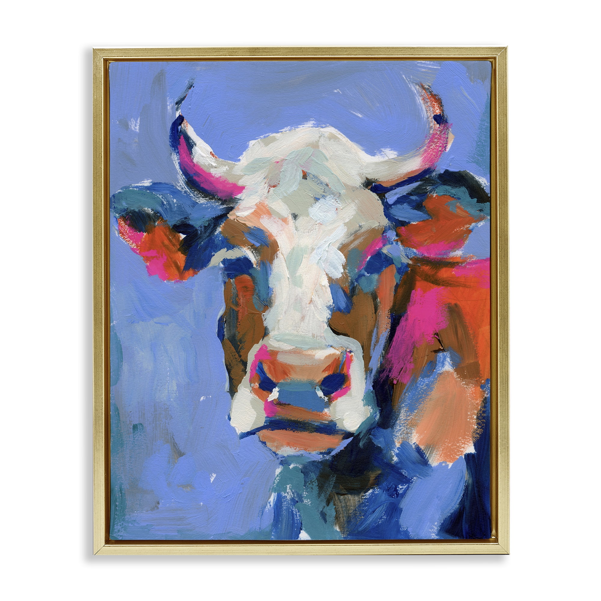 Stupell Industries Painterly Cow Portrait Animals & Insects Painting Gold Floater Framed Canvas Art Print Wall Art, 17 x 21