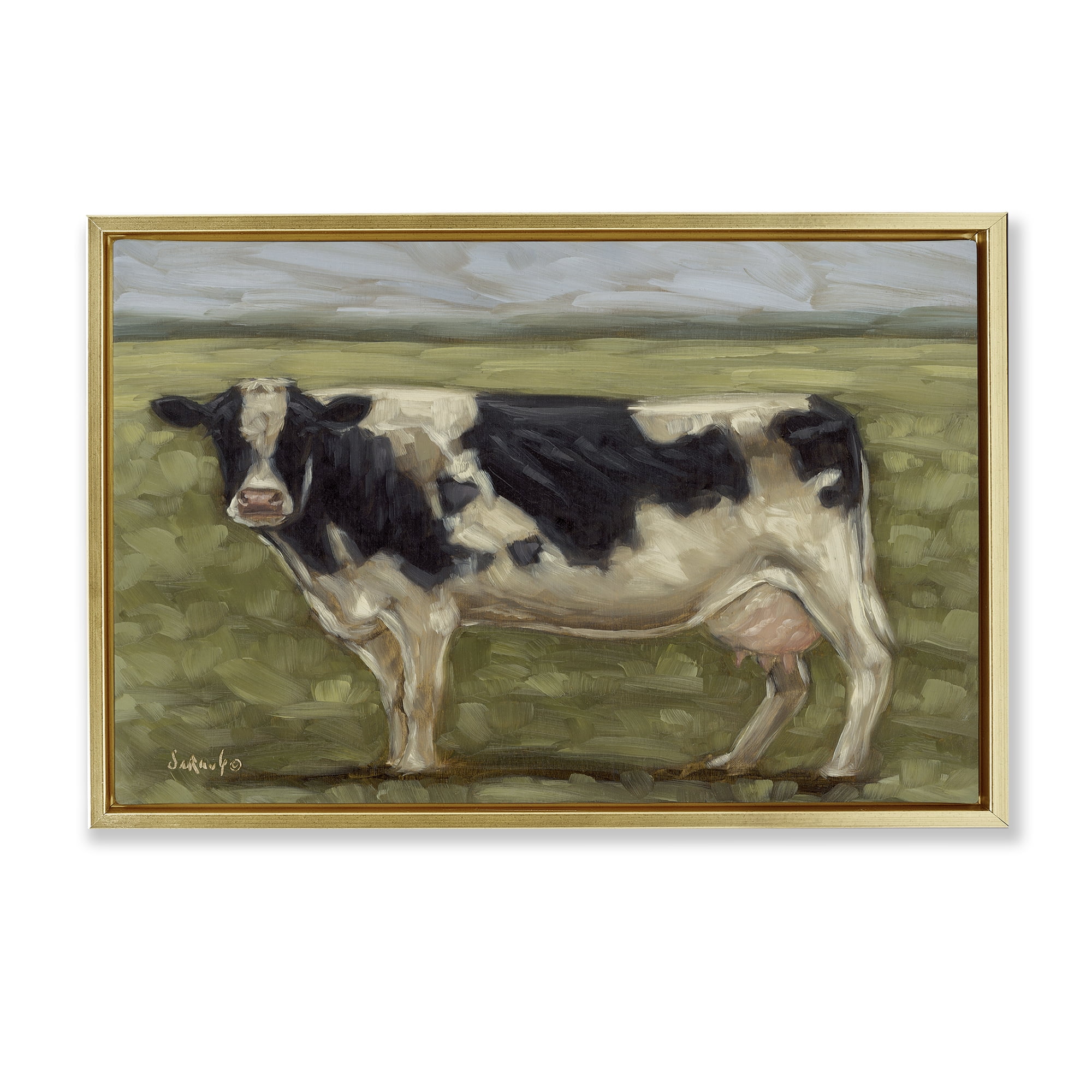 Stupell Industries Painterly Cow on Farm Animals Painting Gold Floater Framed Canvas Art Print Wall Art, 31 x 21