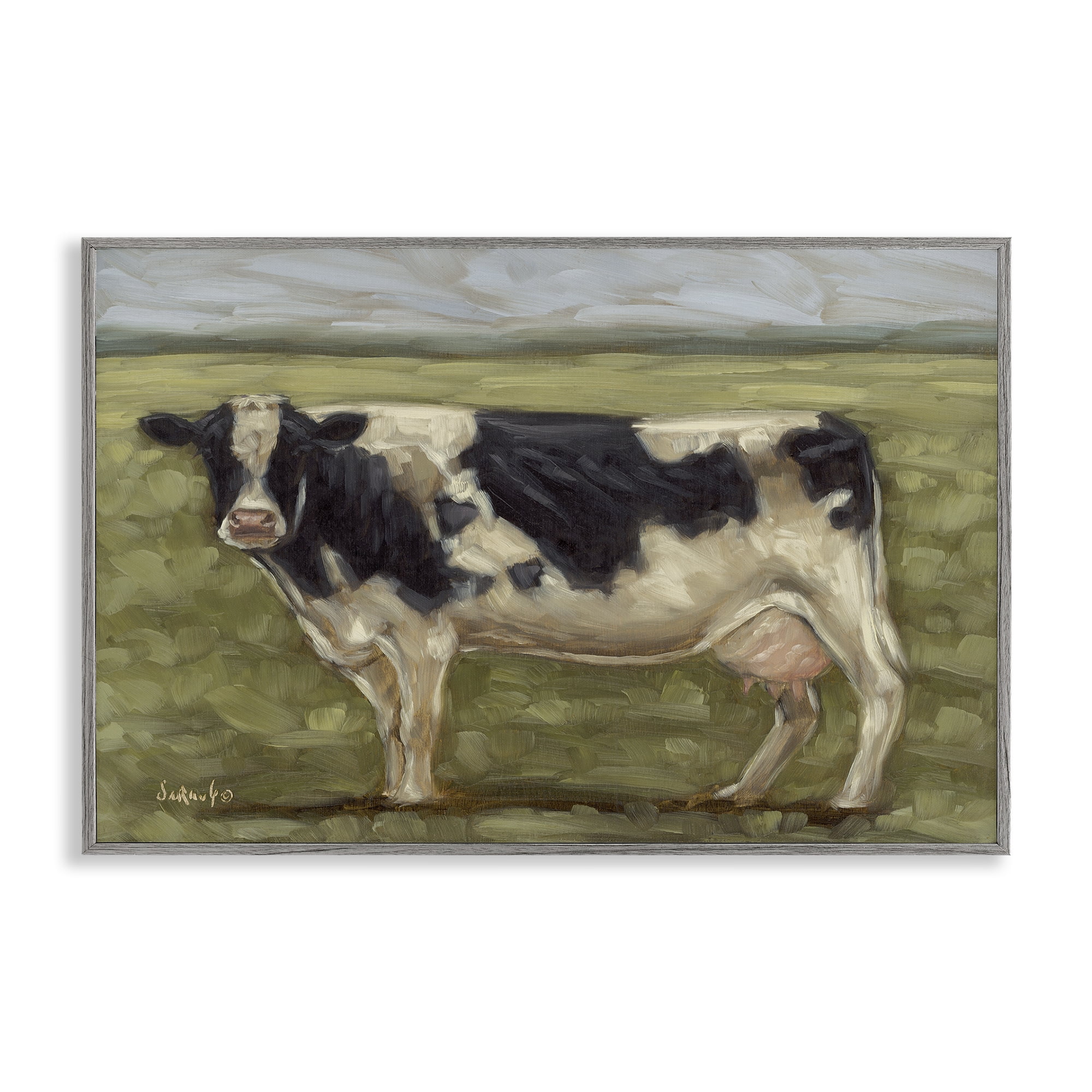 Stupell Industries Painterly Cow on Farm Animals Painting Gray Framed Art Print Wall Art, 30 x 20