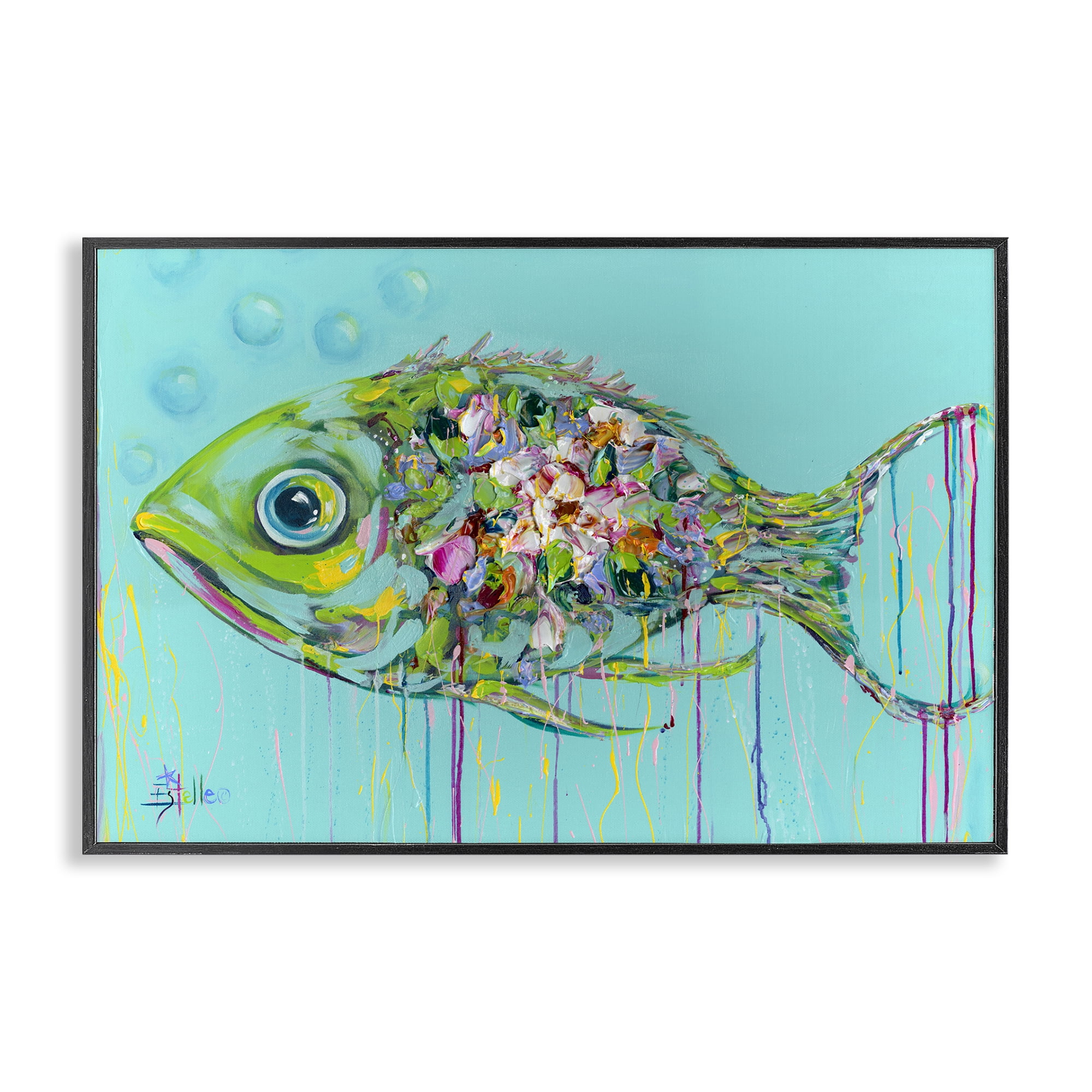 Stupell Industries Painterly Drip Fish Nautical & Beach Painting Black Framed Art Print Wall Art, 30 x 20