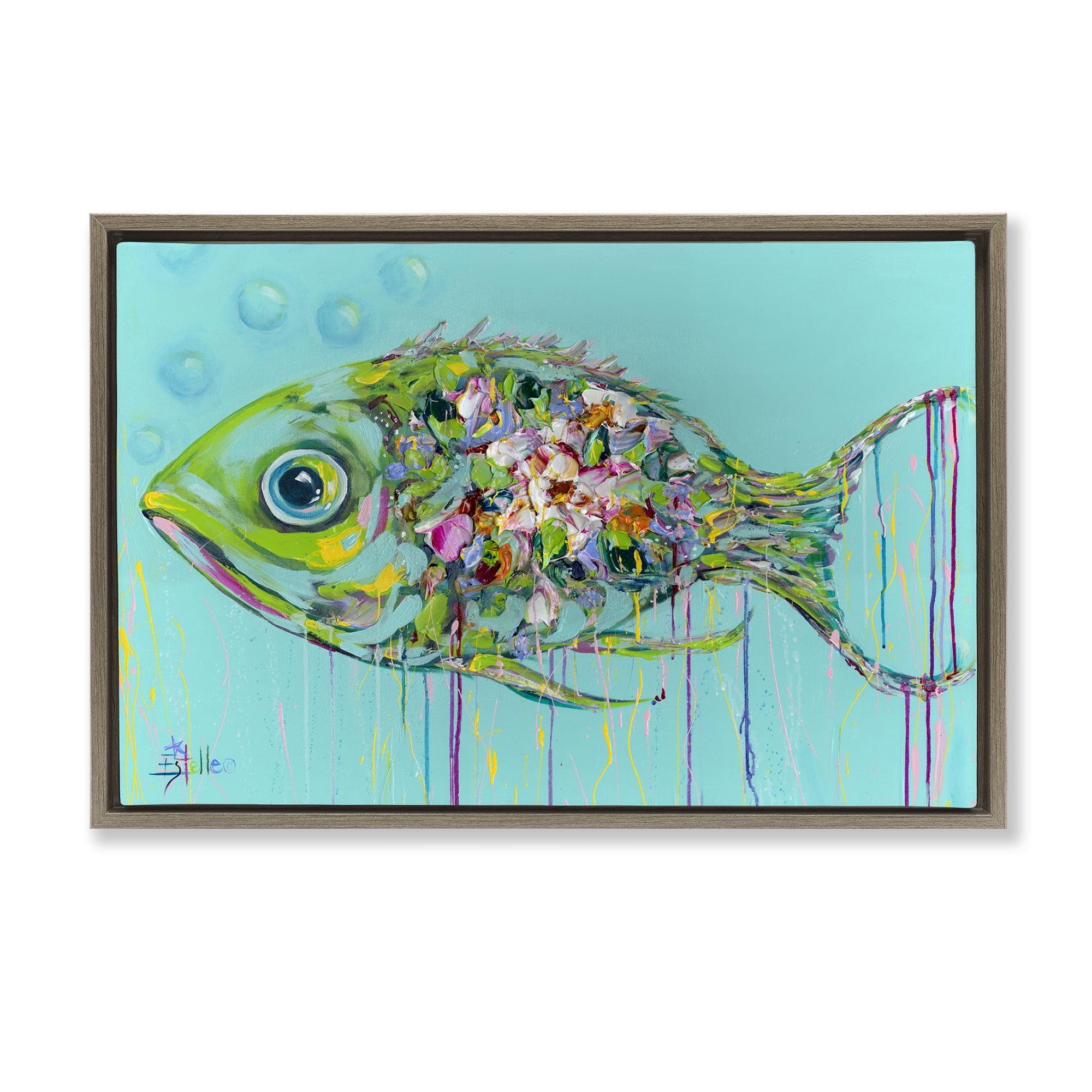 Stupell Industries Painterly Drip Fish Nautical & Beach Painting Brown Floater Framed Canvas Art Print Wall Art, 25 x 17