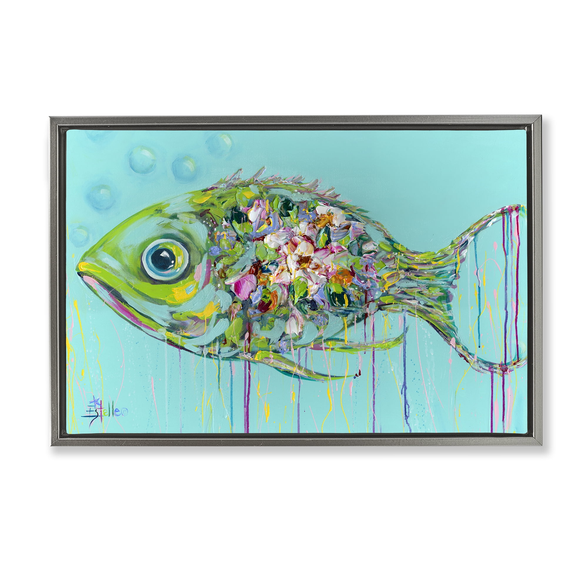 Stupell Industries Painterly Drip Fish Nautical & Beach Painting Gray Floater Framed Canvas Art Print Wall Art, 25 x 17