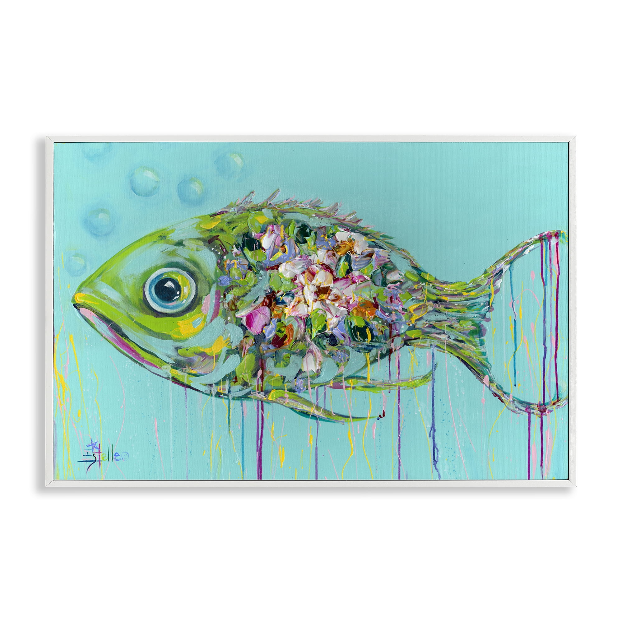 Stupell Industries Painterly Drip Fish Nautical & Beach Painting White Framed Art Print Wall Art, 18 x 12