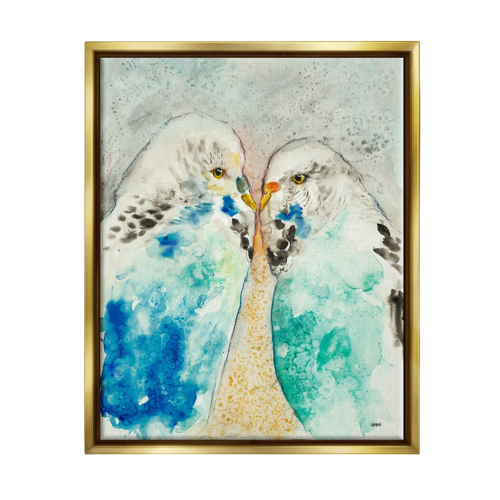 Stupell Industries Pair Blue Parakeets Birds Dotted Watercolor Detail Painting Metallic Gold Floating Framed Canvas Print Wall Art, Design by Patti Mann