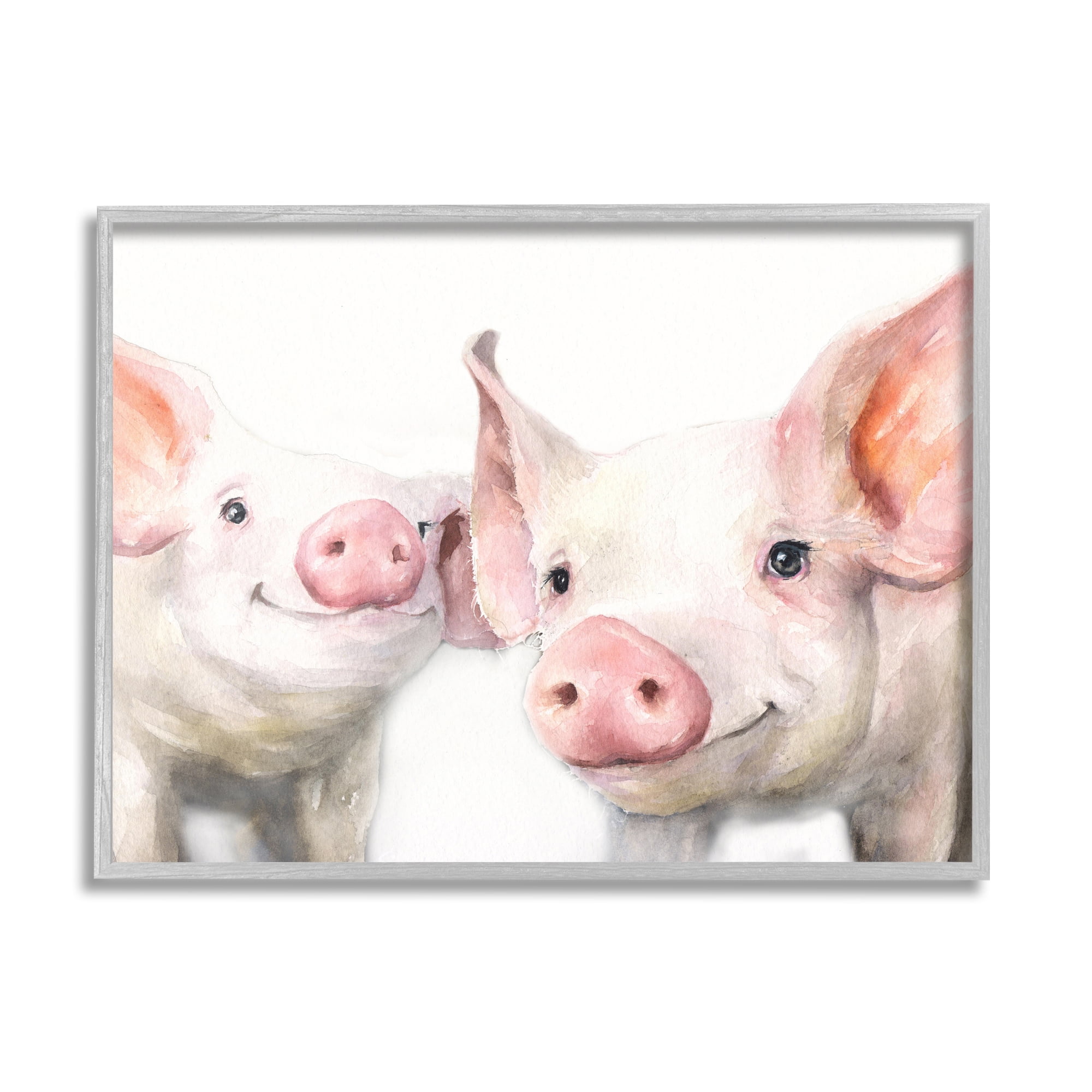 Stupell Industries Pair Pigs Pink Snout Cute Farm Animals Painting Gray Framed Art Print Wall Art, Design by George Dyachenko