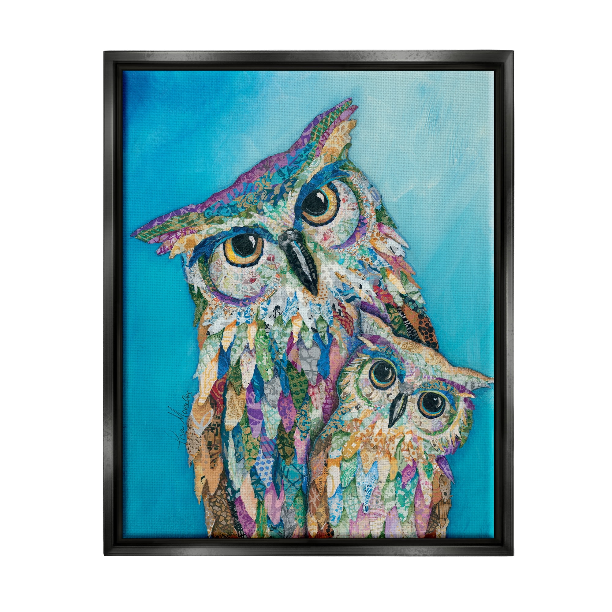 Stupell Industries Pair Wise Owls Varied Patterns Painting Collage Painting Jet Black Floating Framed Canvas Print Wall Art, Design by Lisa Morales