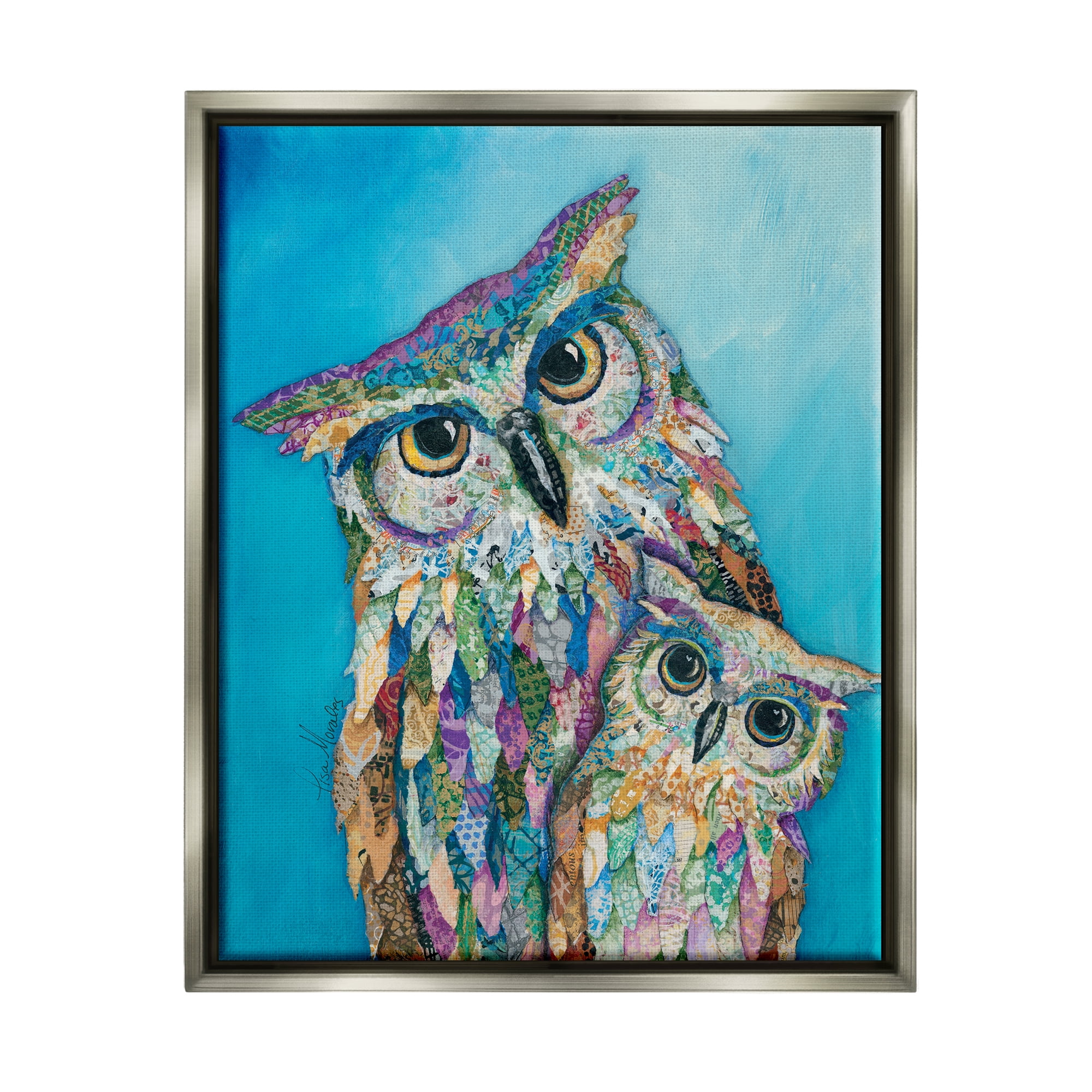 Stupell Industries Pair Wise Owls Varied Patterns Painting Collage Painting Luster Gray Floating Framed Canvas Print Wall Art, Design by Lisa Morales