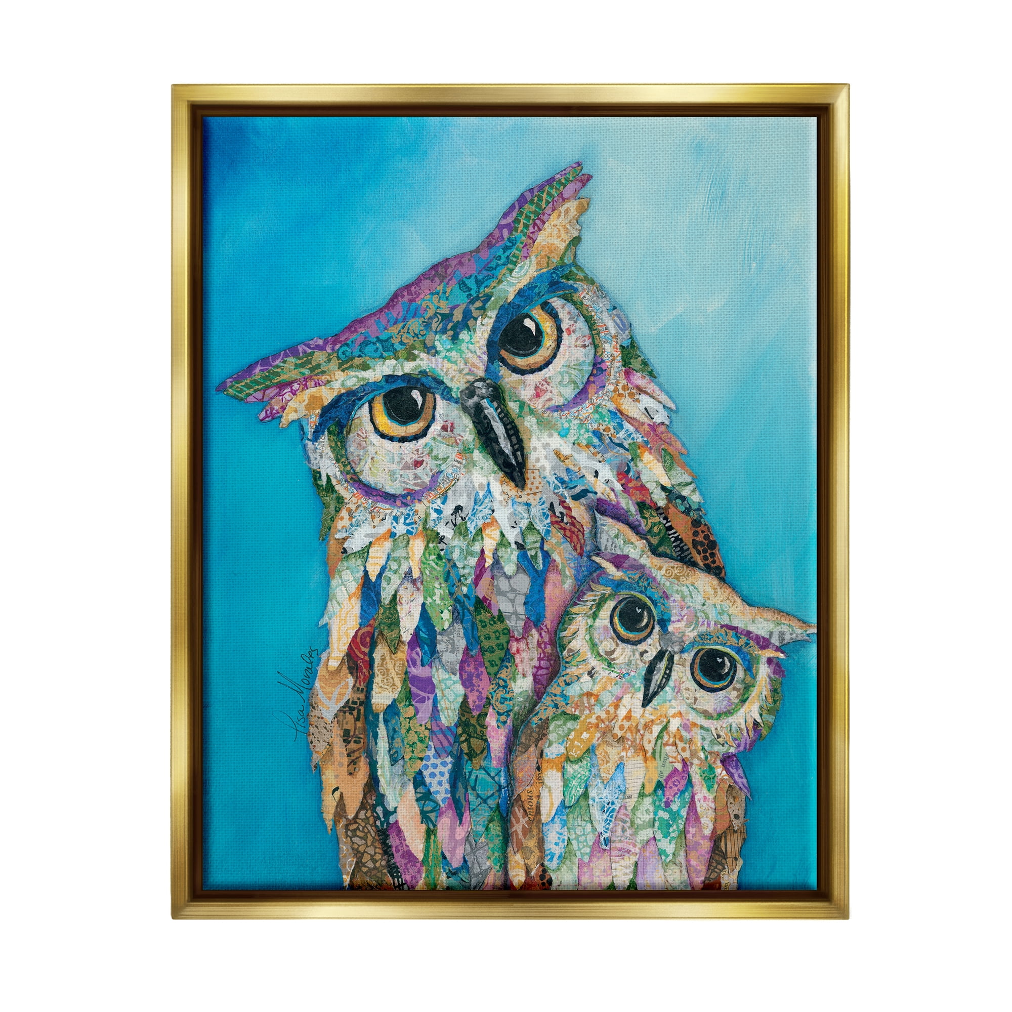 Stupell Industries Pair Wise Owls Varied Patterns Painting Collage Painting Metallic Gold Floating Framed Canvas Print Wall Art, Design by Lisa Morales