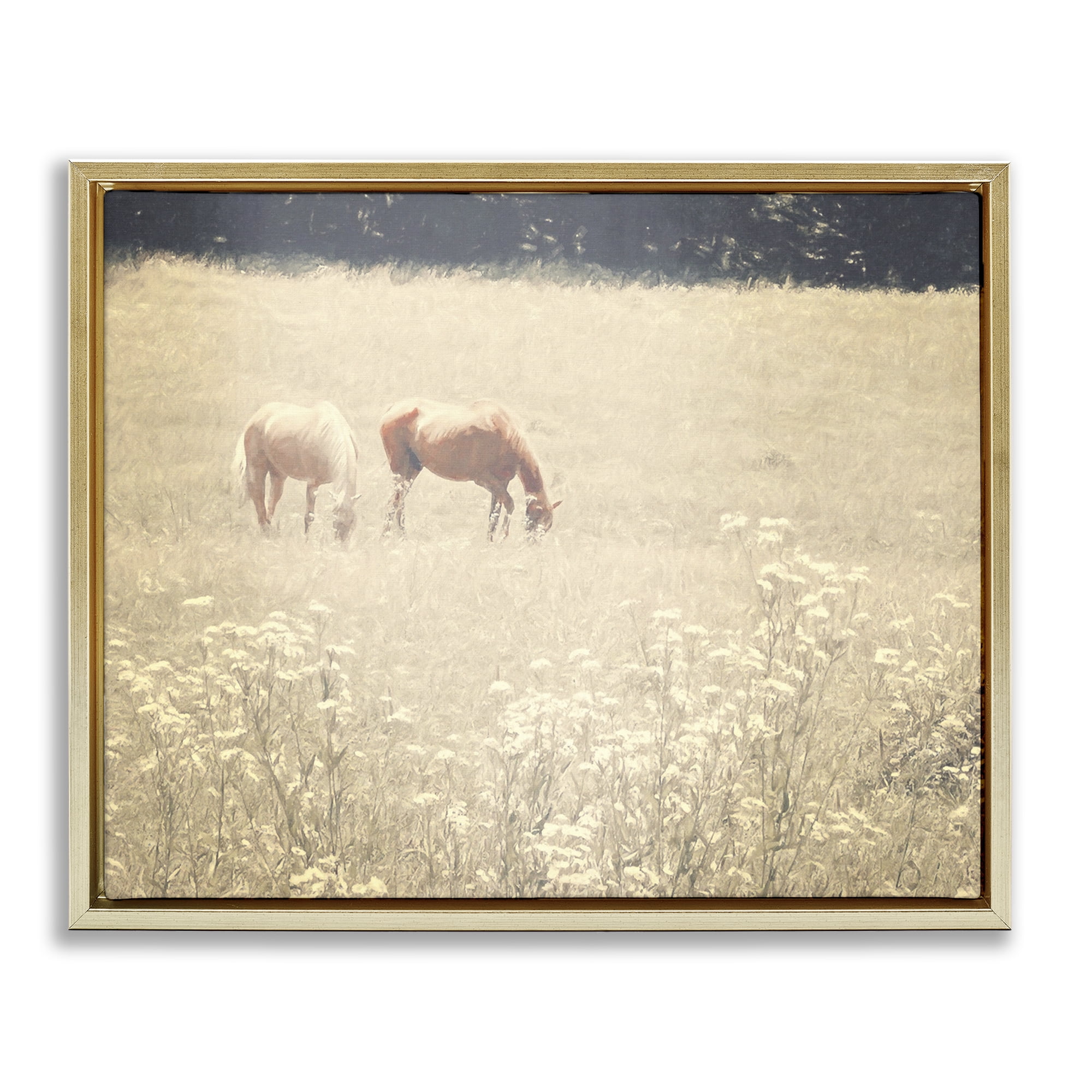 Stupell Industries Pair of Horses Grazing Landscape & Nature Photography Gold Floater Framed Canvas Art Print Wall Art, 31 x 25