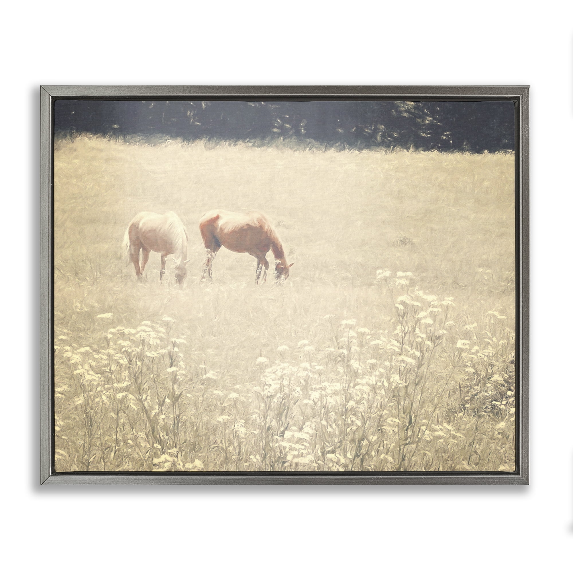 Stupell Industries Pair of Horses Grazing Landscape & Nature Photography Gray Floater Framed Canvas Art Print Wall Art, 31 x 25