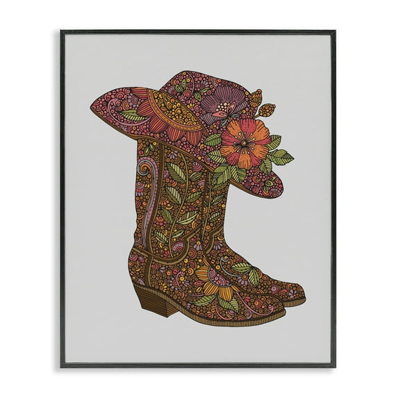 Stupell Industries Paisley Cowboy Boots Botanical & Floral Painting Black Framed Art Print Wall Art, 11 x 14