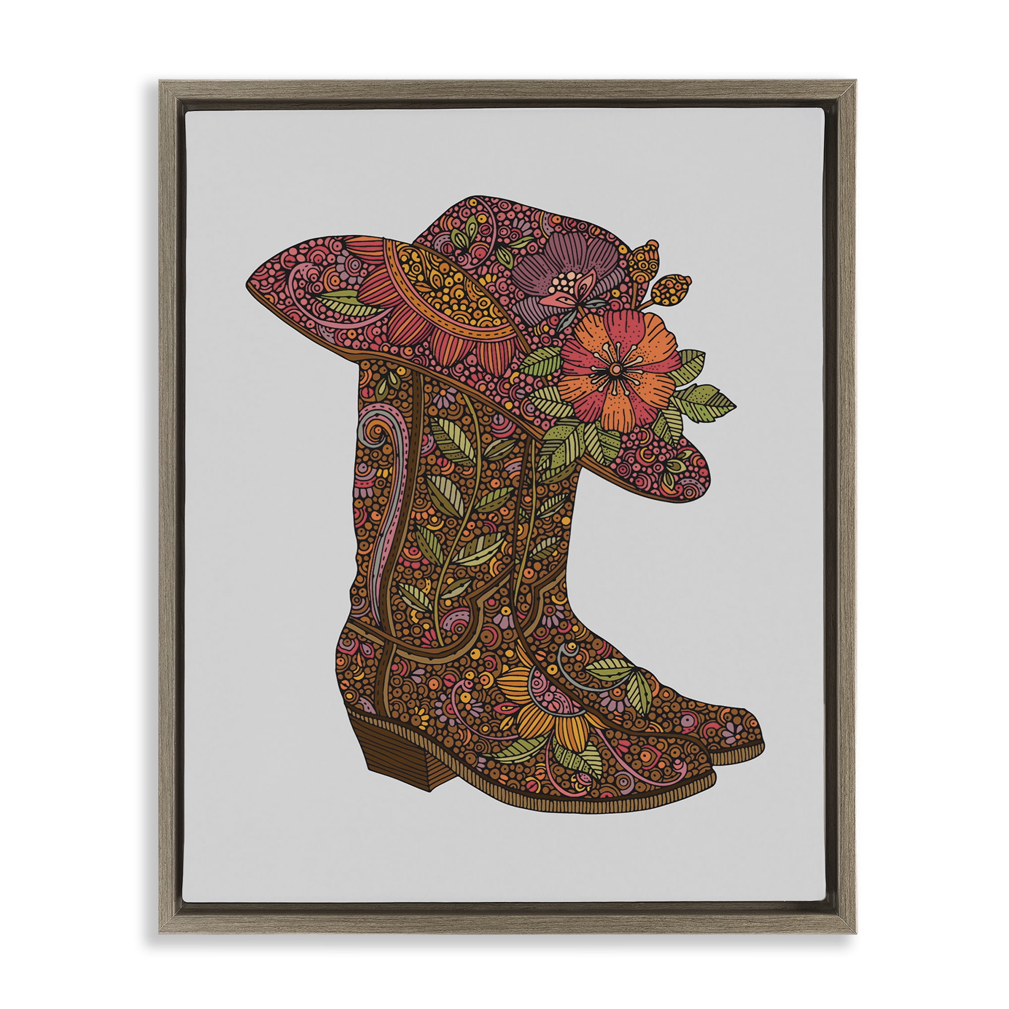 Stupell Industries Paisley Cowboy Boots Botanical & Floral Painting Brown Floater Framed Canvas Art Print Wall Art, 17 x 21