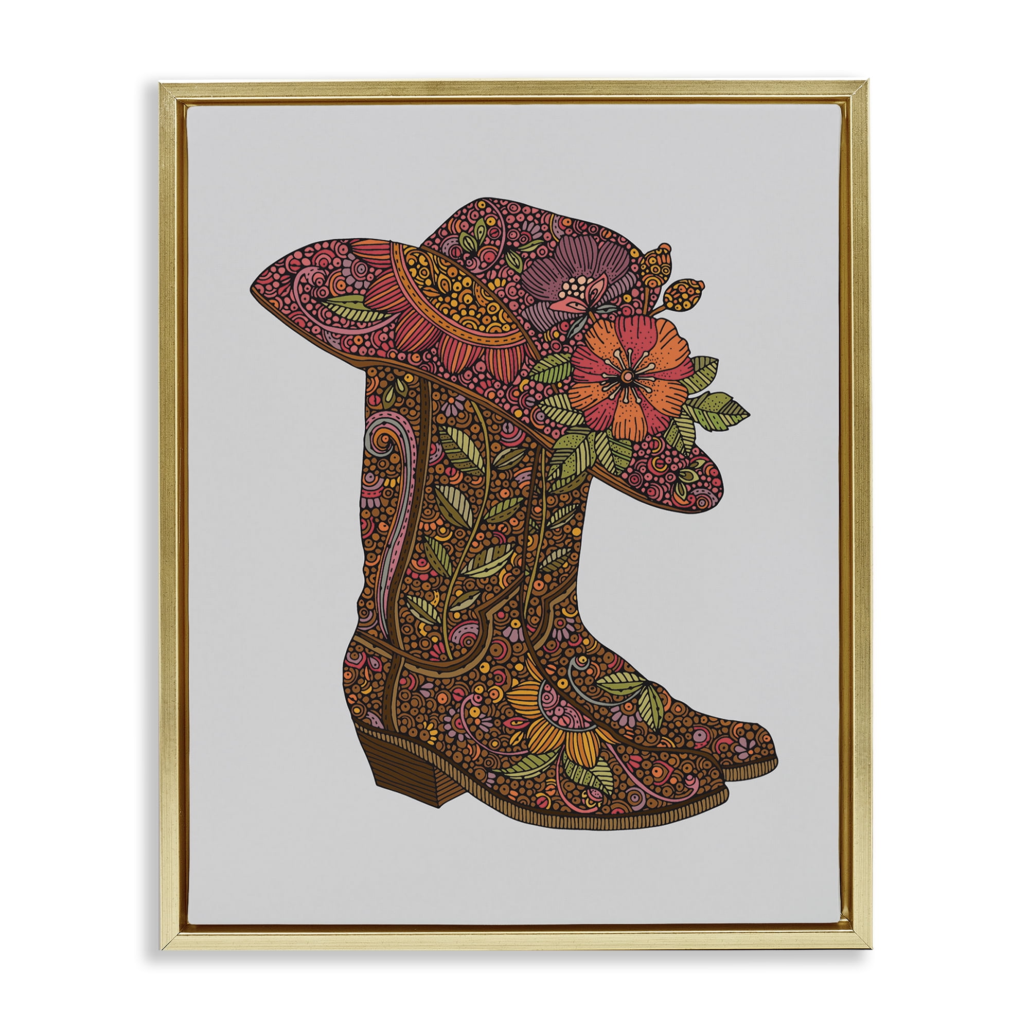 Stupell Industries Paisley Cowboy Boots Botanical & Floral Painting Gold Floater Framed Canvas Art Print Wall Art, 17 x 21