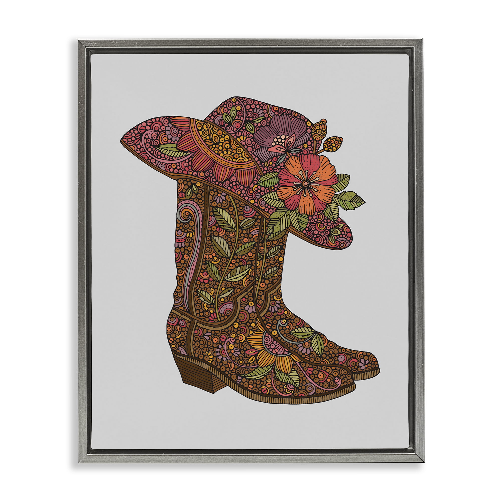 Stupell Industries Paisley Cowboy Boots Botanical & Floral Painting Gray Floater Framed Canvas Art Print Wall Art, 17 x 21