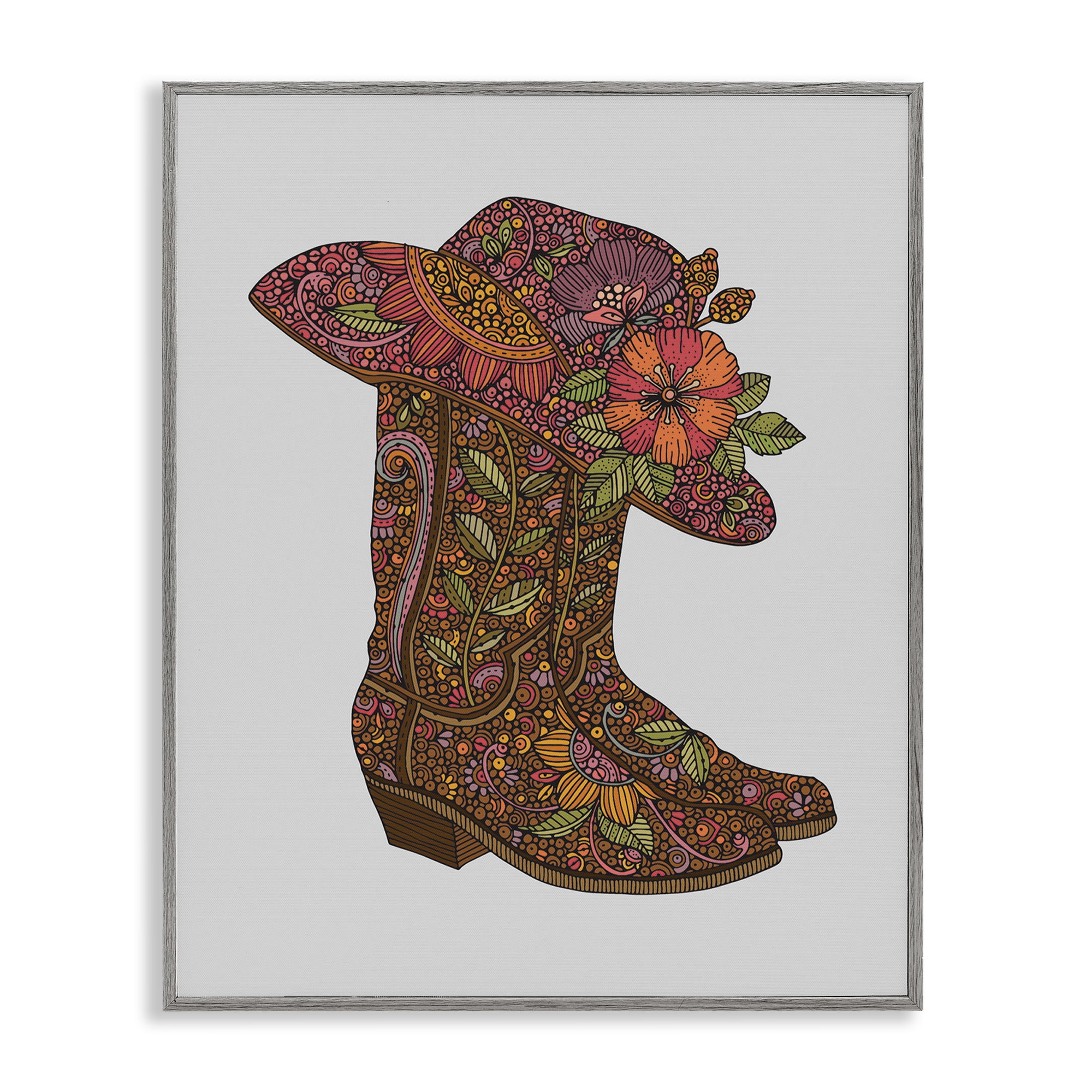 Stupell Industries Paisley Cowboy Boots Botanical & Floral Painting Gray Framed Art Print Wall Art, 11 x 14