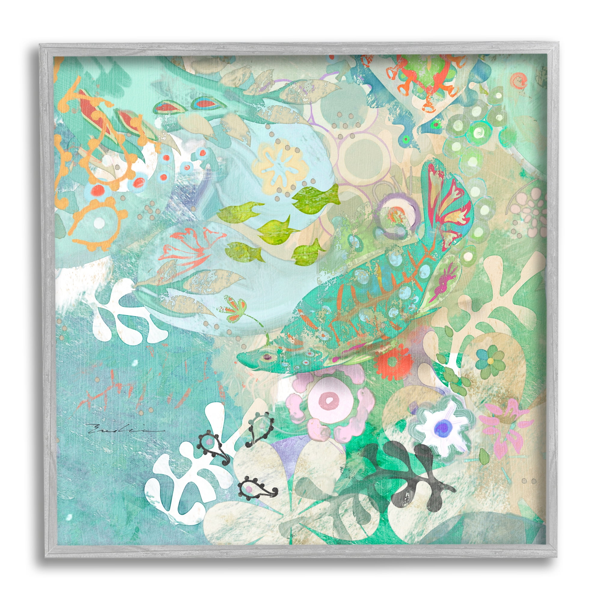 Stupell Industries Paisley Fish Pattern Animals & Insects Painting Gray Framed Art Print Wall Art, 17 x 17
