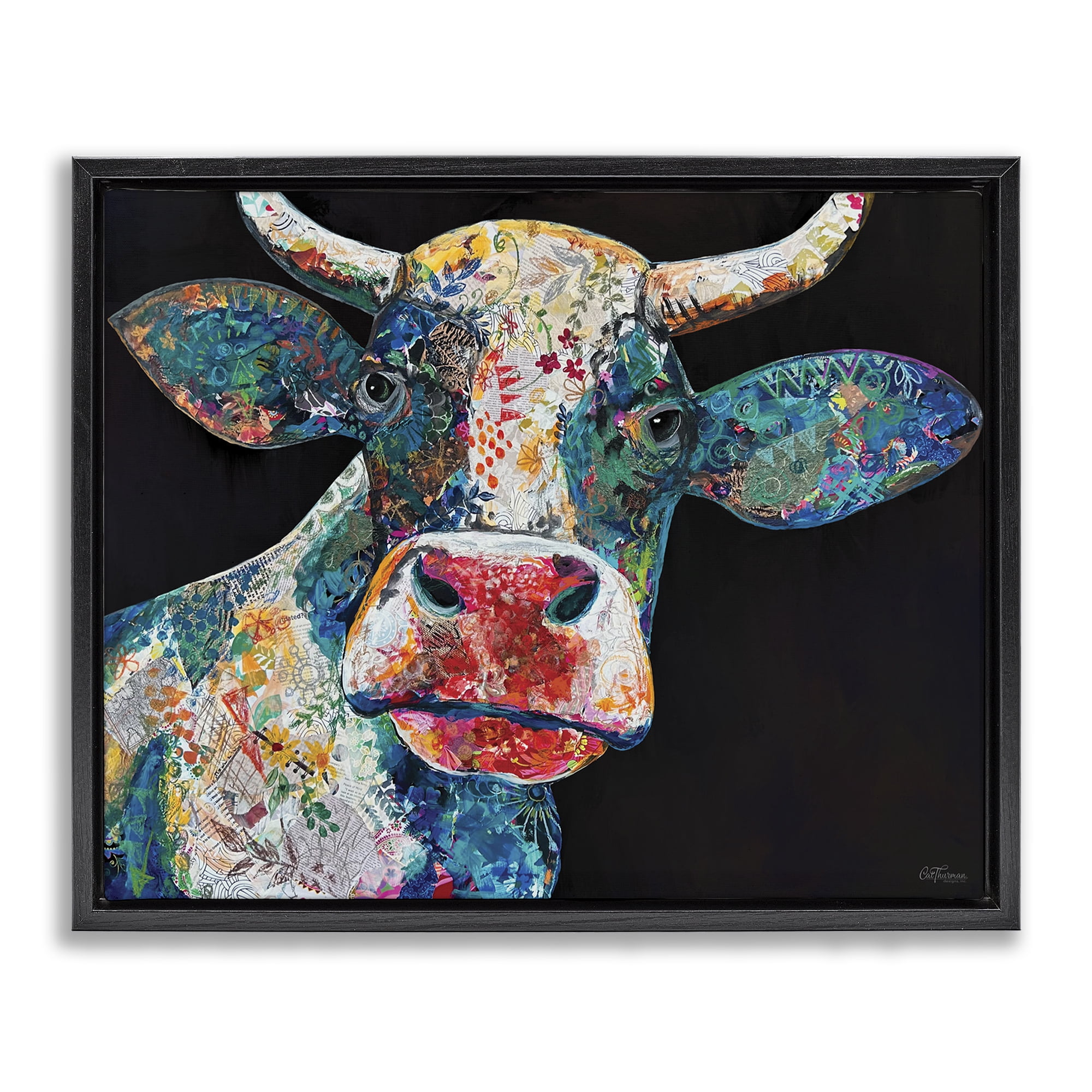 Stupell Industries Paisley Pattern Cow Animals & Insects Painting Black Floater Framed Canvas Art Print Wall Art, 21 x 17