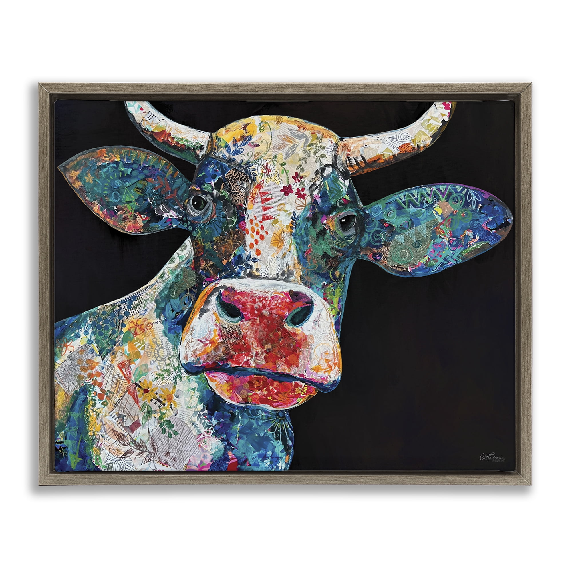 Stupell Industries Paisley Pattern Cow Animals & Insects Painting Brown Floater Framed Canvas Art Print Wall Art, 31 x 25