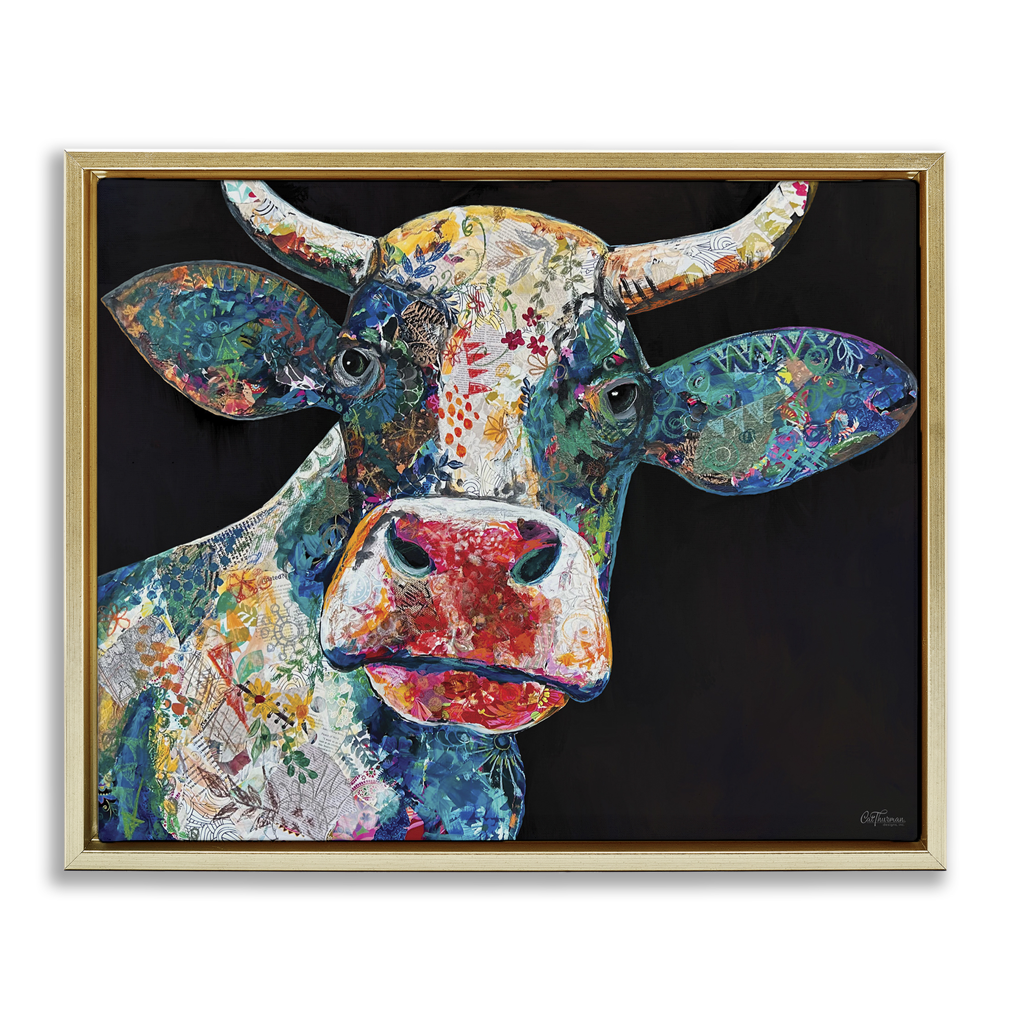 Stupell Industries Paisley Pattern Cow Animals & Insects Painting Gold Floater Framed Canvas Art Print Wall Art, 21 x 17