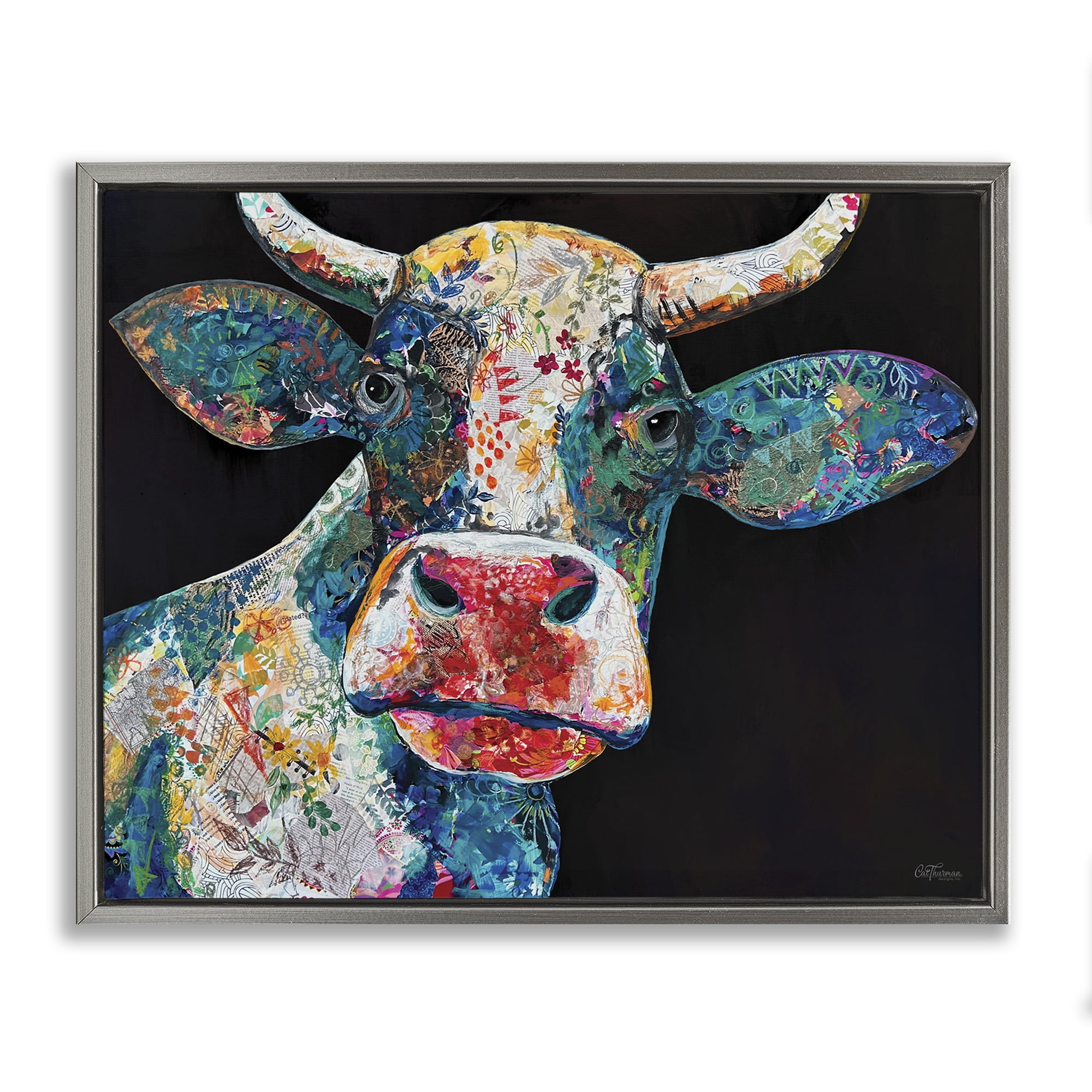 Stupell Industries Paisley Pattern Cow Animals & Insects Painting Gray Floater Framed Canvas Art Print Wall Art, 31 x 25