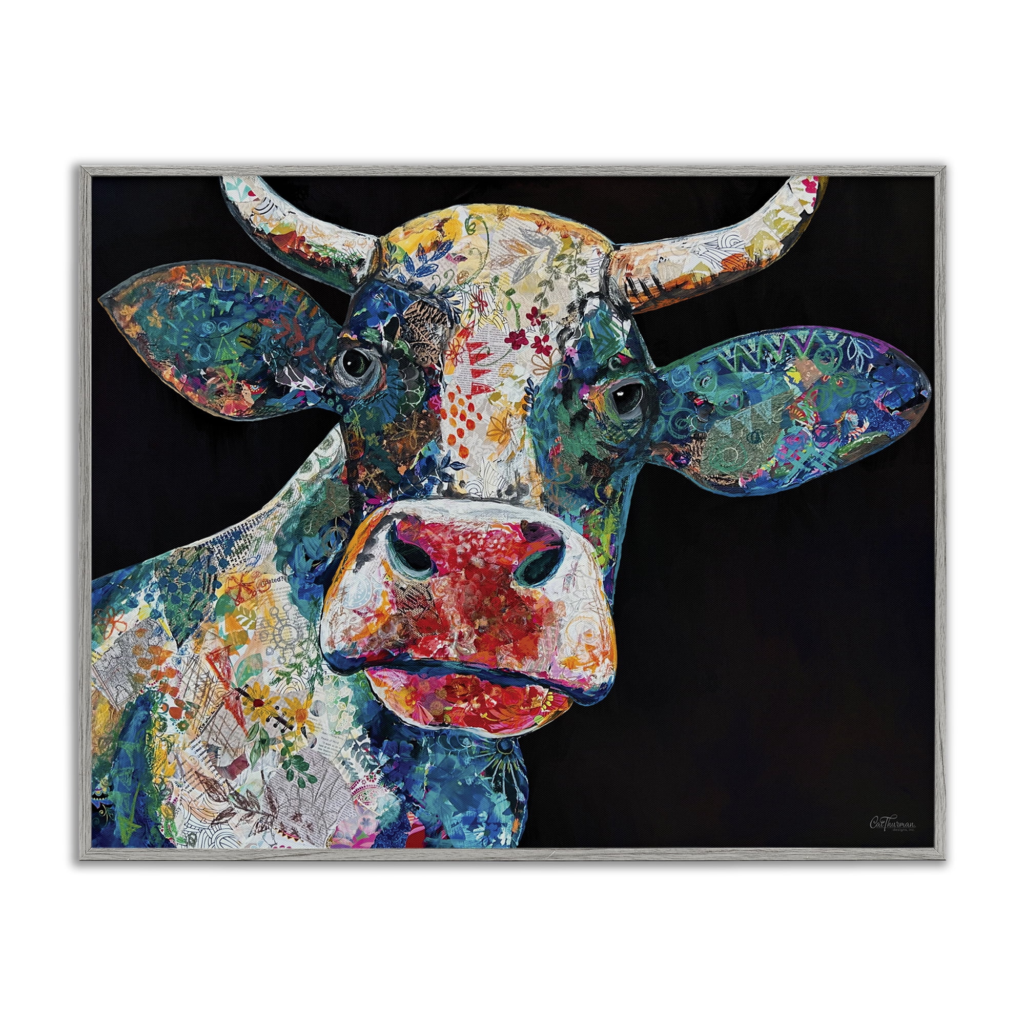 Stupell Industries Paisley Pattern Cow Animals & Insects Painting Gray Framed Art Print Wall Art, 30 x 24