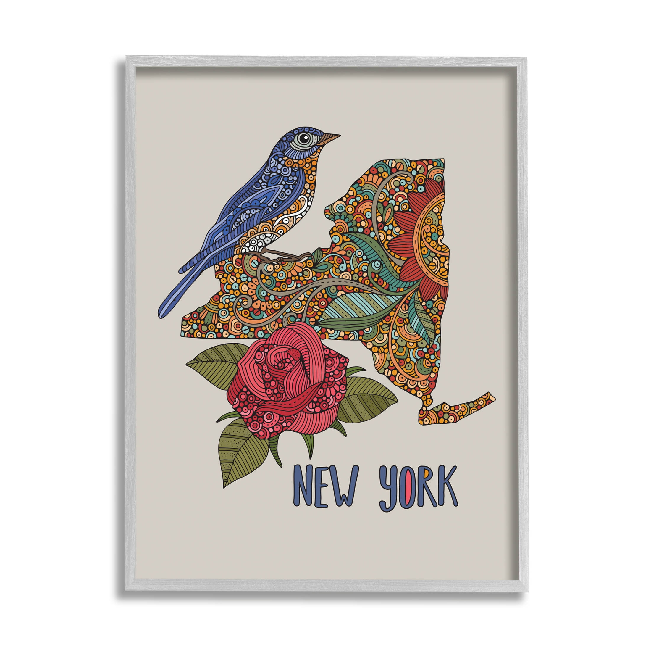 Stupell Industries Paisley Pattern New York State Graphic Art Gray Framed Art Print Wall Art, Design by Valentina Harper