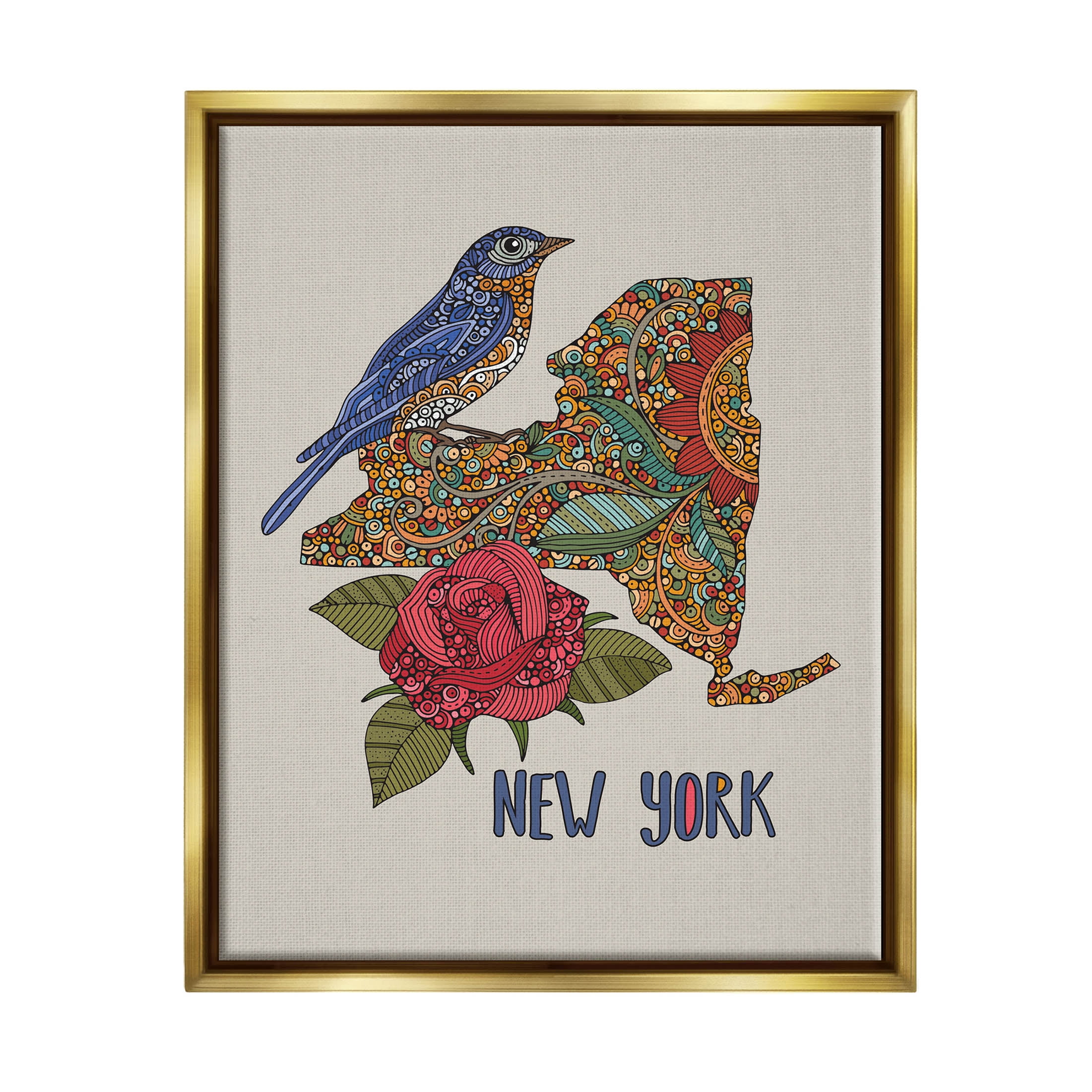 Stupell Industries Paisley Pattern New York State Graphic Art Metallic Gold Floating Framed Canvas Print Wall Art, Design by Valentina Harper
