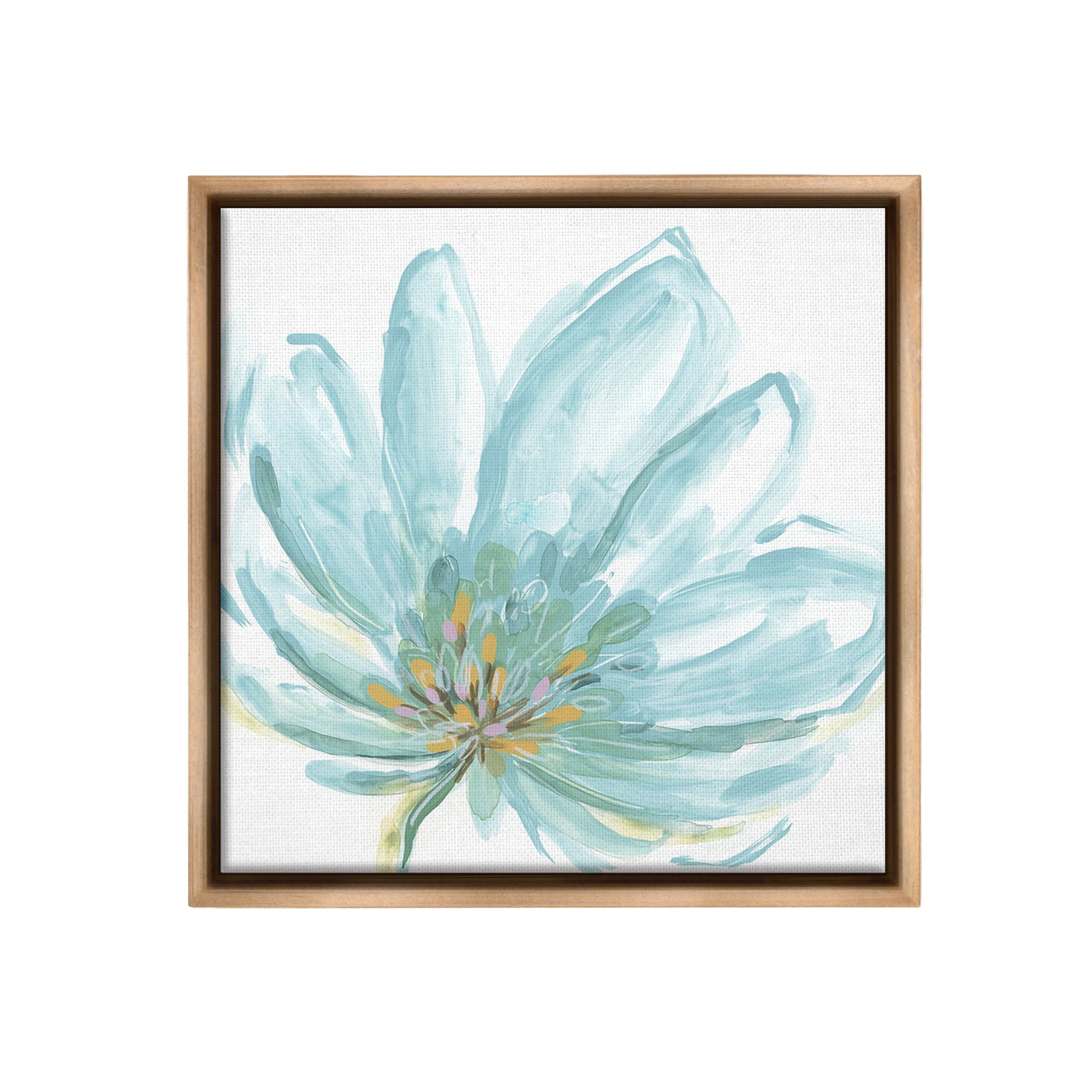 Stupell Industries Pale Blue Blossom Botanical & Floral Painting Brown Floater Framed Canvas Art Print Wall Art, 18 x 18