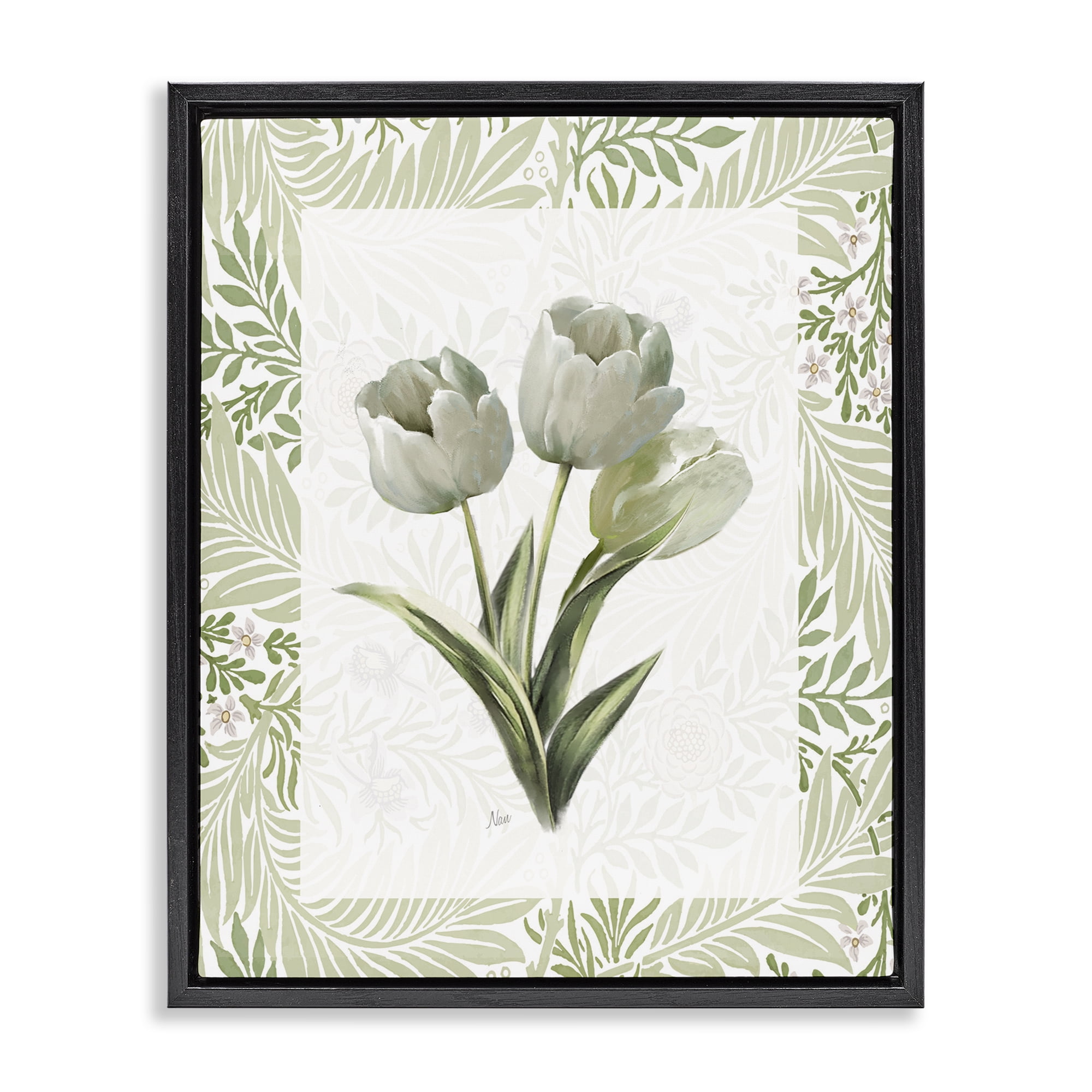 Stupell Industries Pale Green Tulip Trio Black Framed Floater Canvas Wall Art, design by Nan