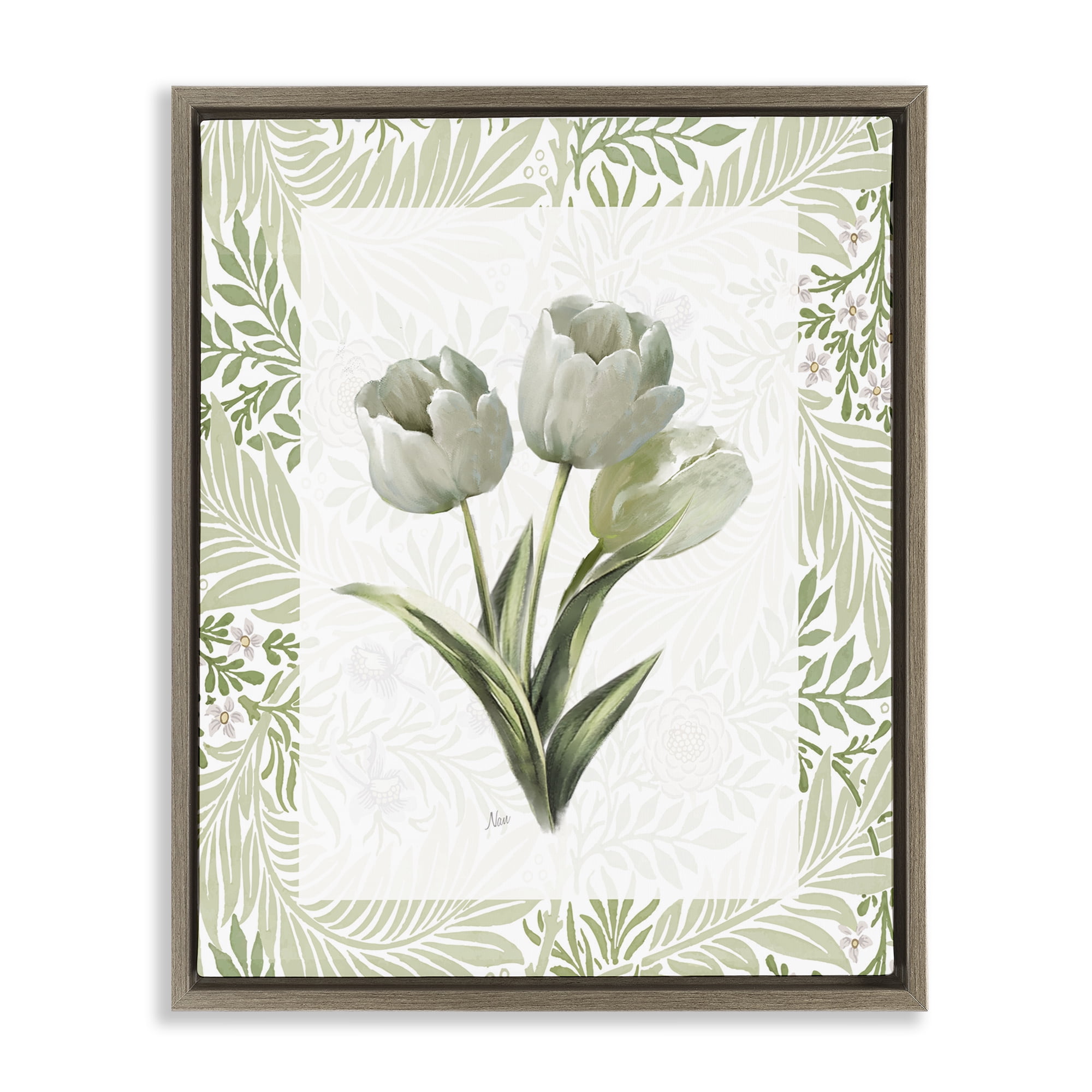 Stupell Industries Pale Green Tulip Trio Brown Framed Floater Canvas Wall Art, design by Nan