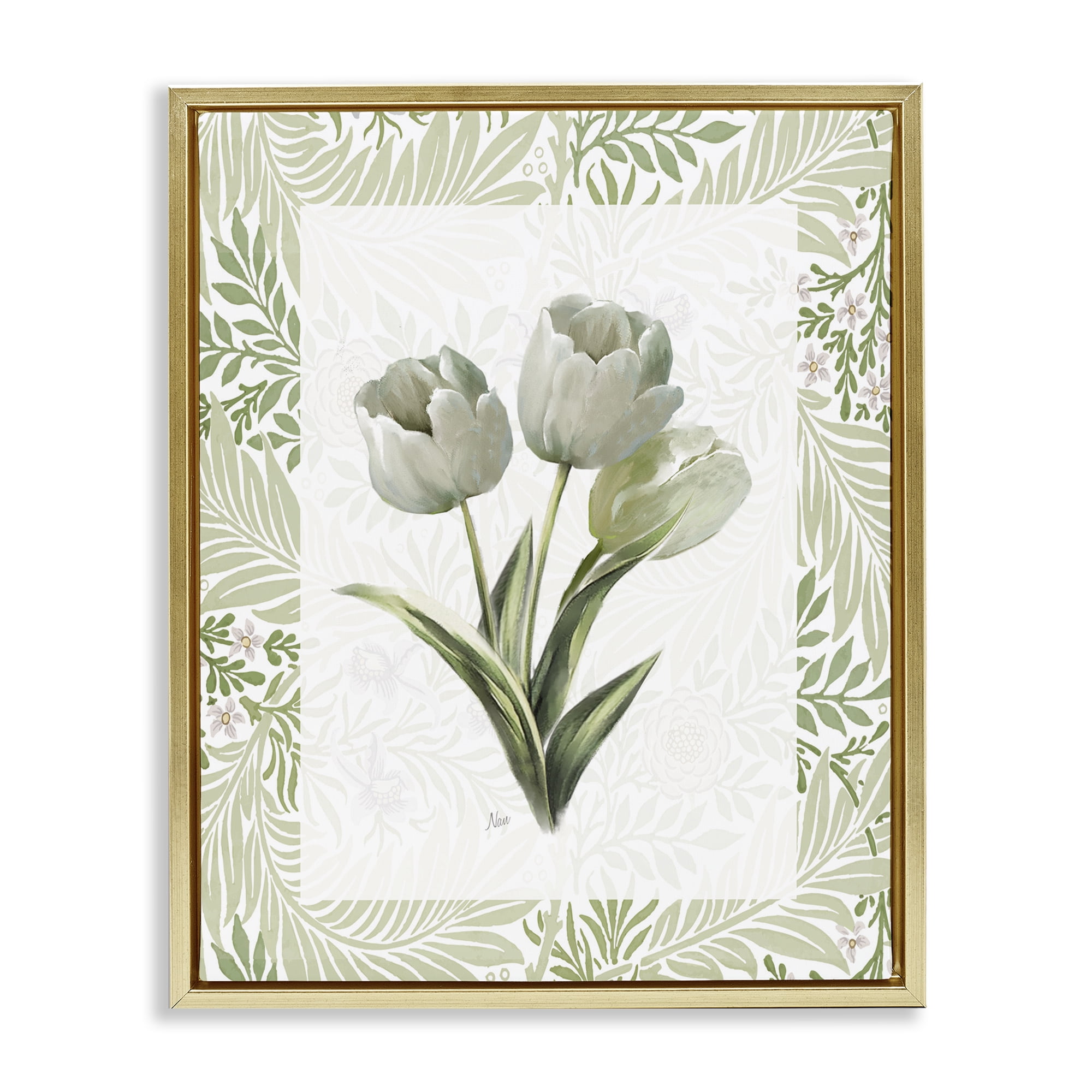 Stupell Industries Pale Green Tulip Trio Gold Framed Floater Canvas Wall Art, design by Nan