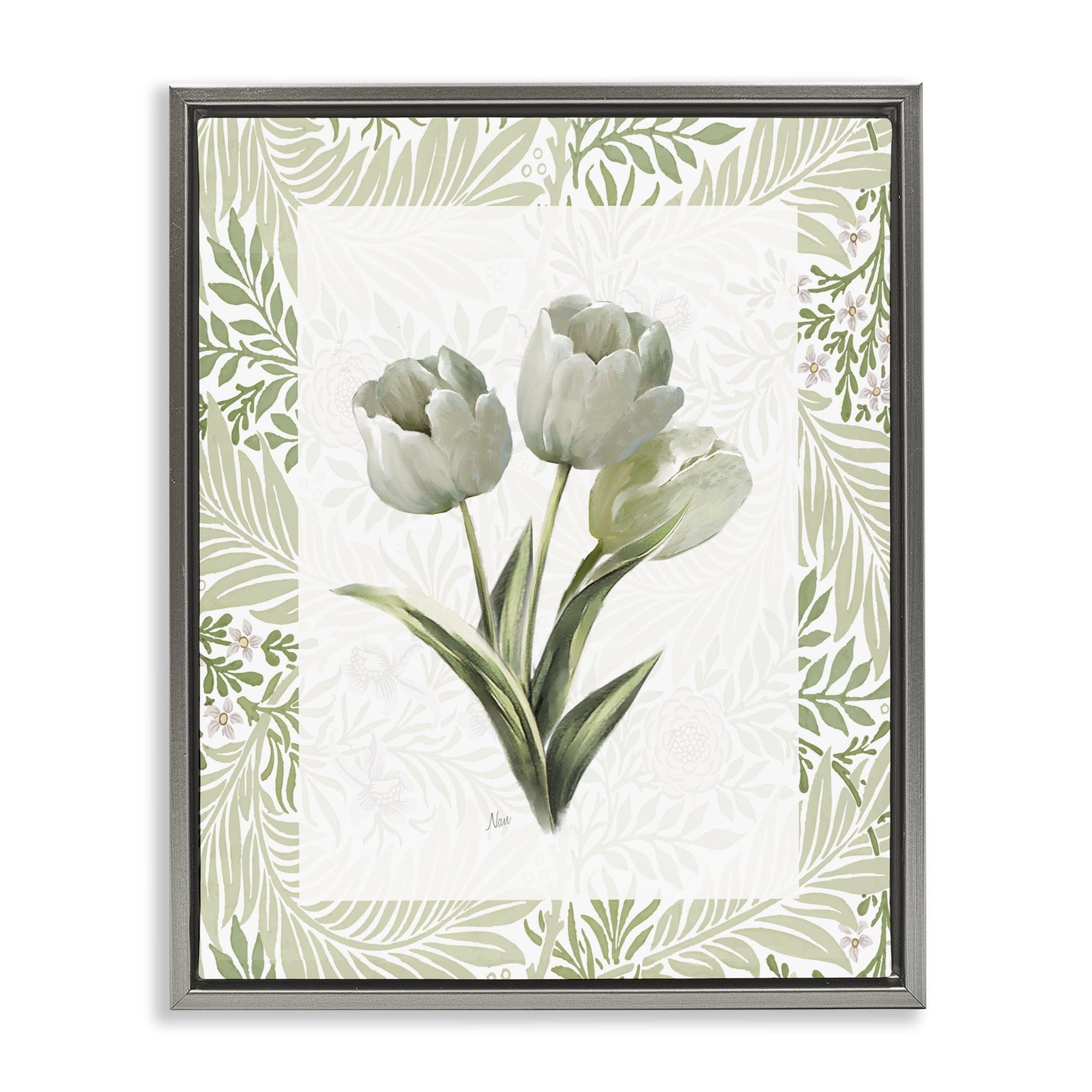 Stupell Industries Pale Green Tulip Trio Gray Framed Floater Canvas Wall Art, design by Nan