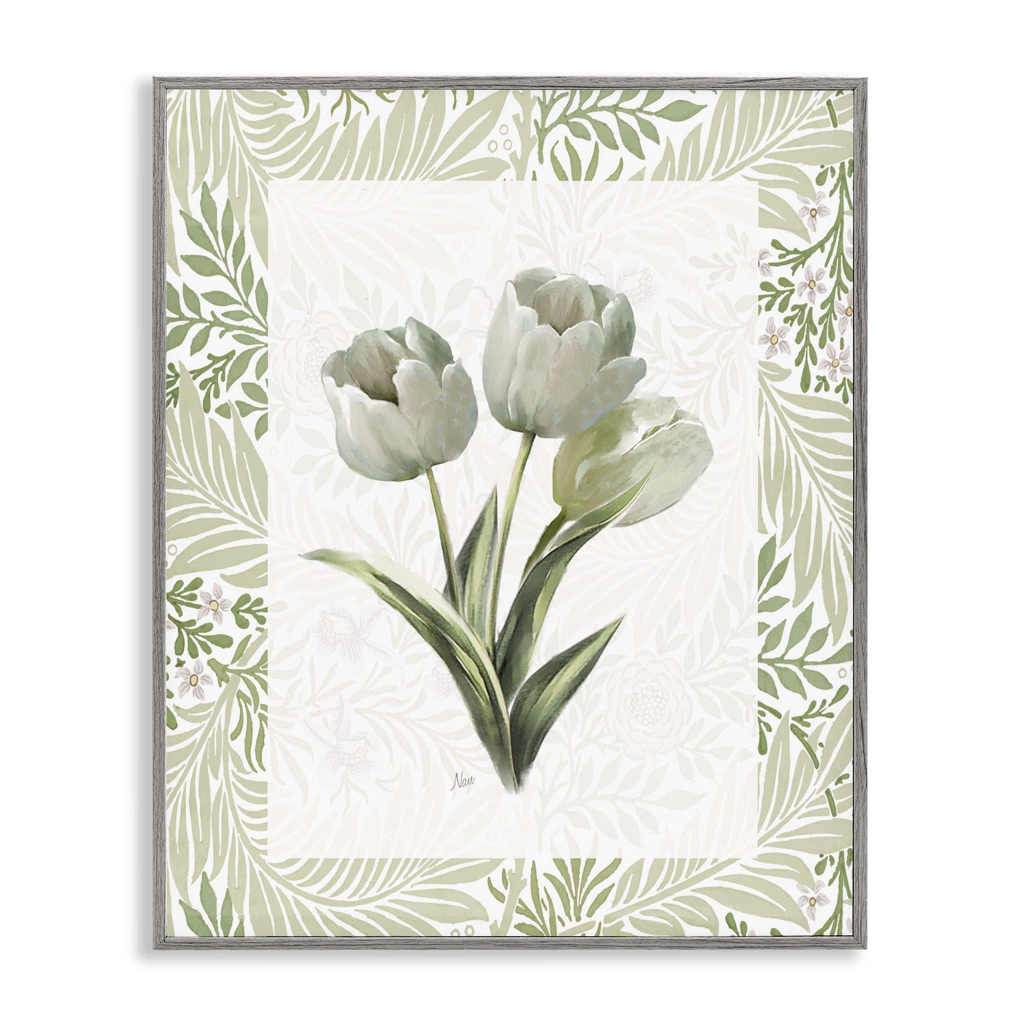 Stupell Industries Pale Green Tulip Trio Gray Framed Giclee Art, design by Nan