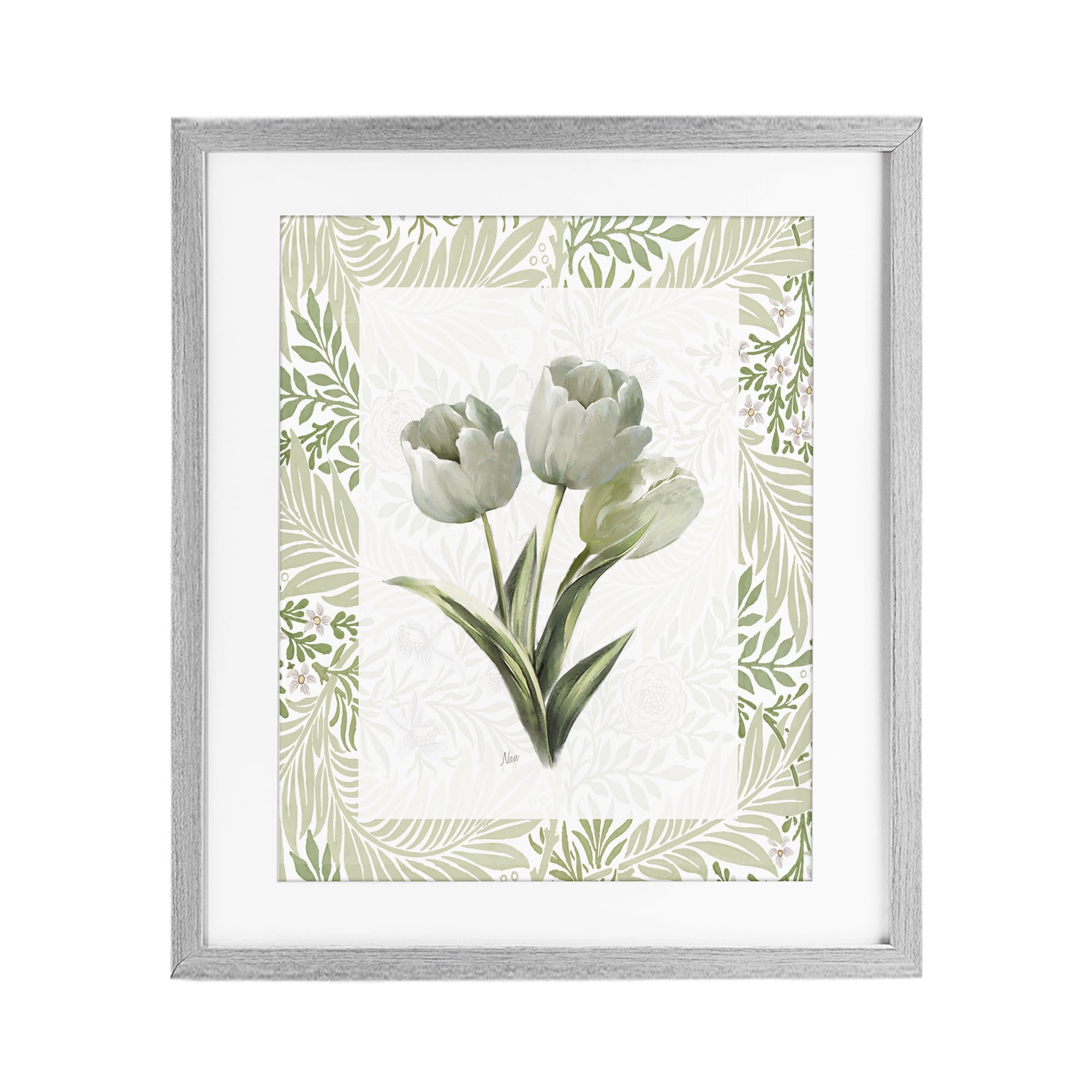 Stupell Industries Pale Green Tulip Trio Gray Framed Print Under Glass, design by Nan