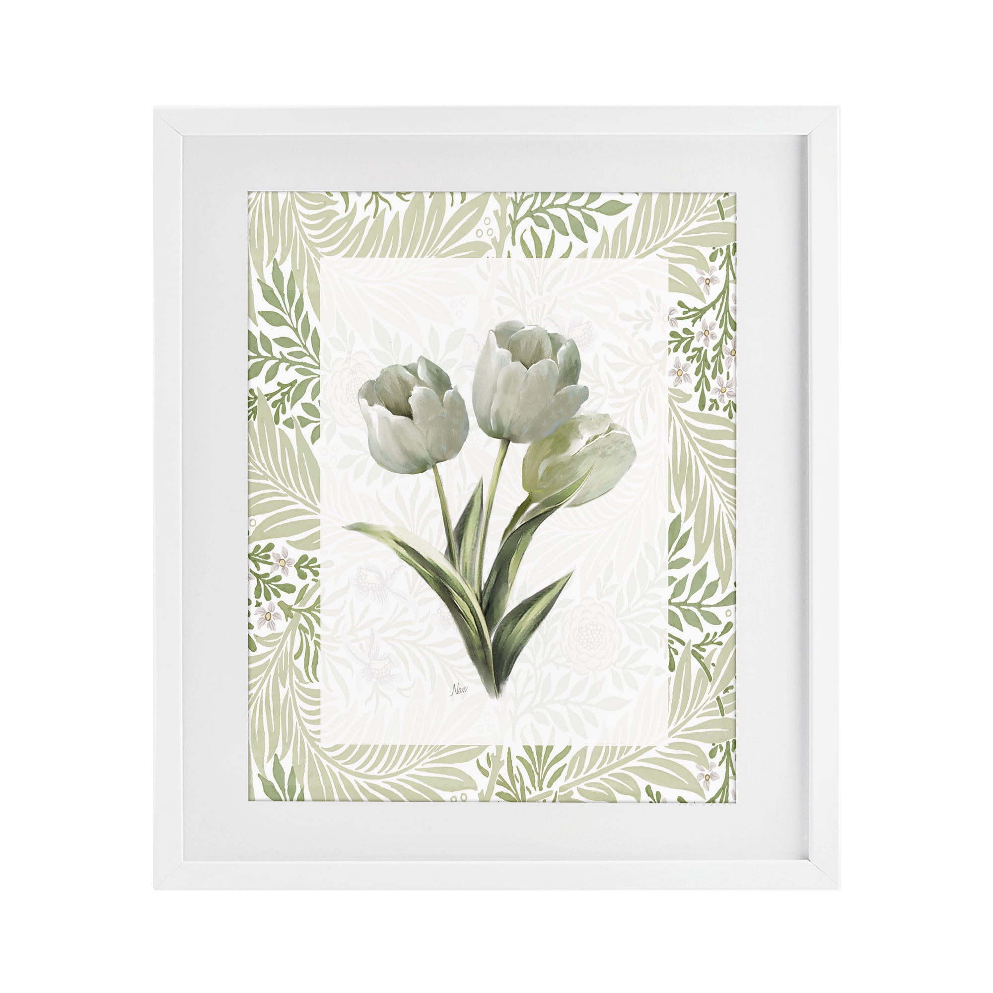 Stupell Industries Pale Green Tulip Trio White Framed Print Under Glass, design by Nan