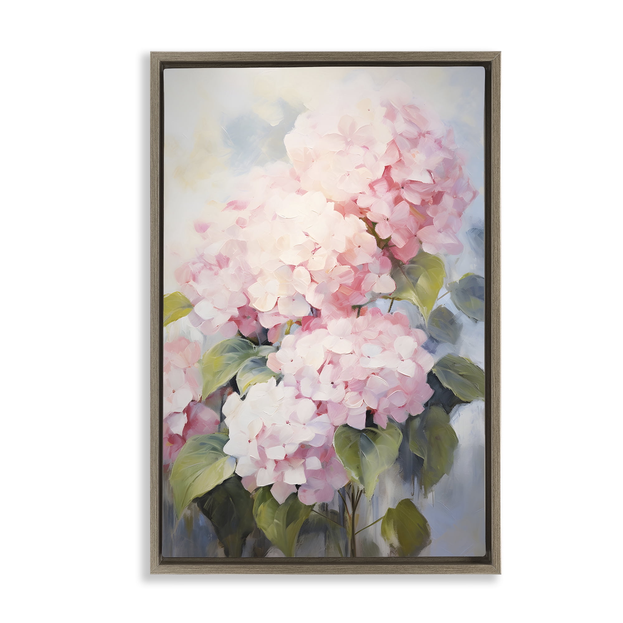 Stupell Industries Pale Pink Hydrangea Botanical & Floral Painting Brown Floater Framed Art Print Wall Art, 21 x 31