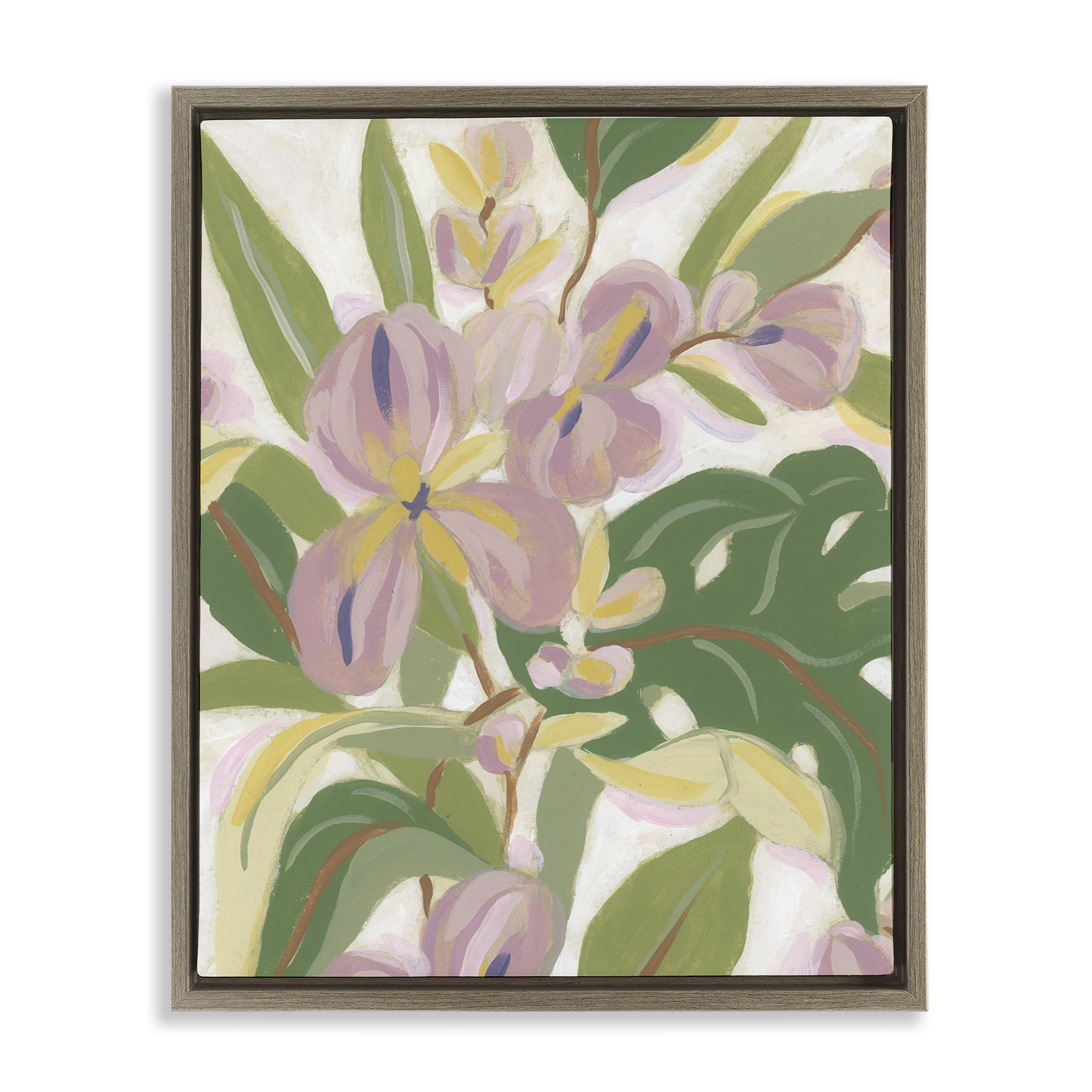 Stupell Industries Pale Trillium & Leaves Plants & Flowers Painting Brown Floater Framed Canvas Art Print Wall Art, 17 x 21